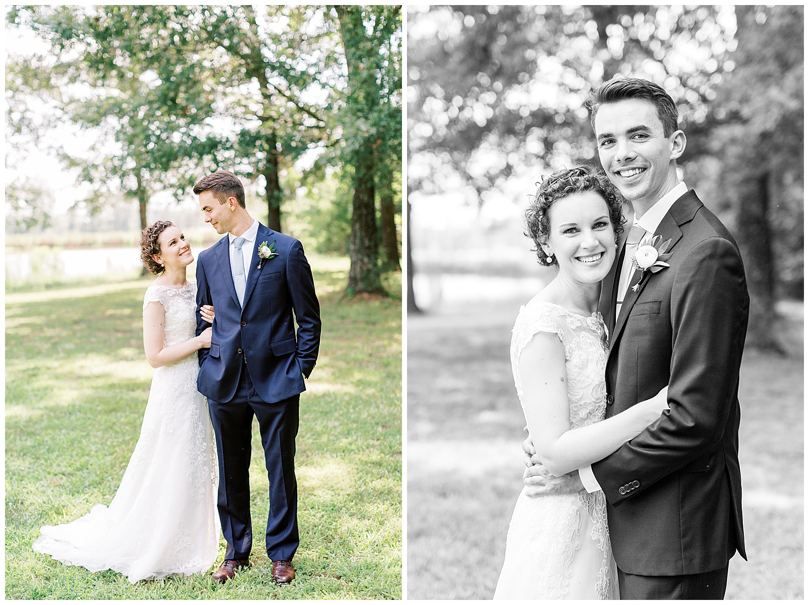 outside bride groom wedding day portraits curly short haired bride with lace wedding dress and navy blue suit groom