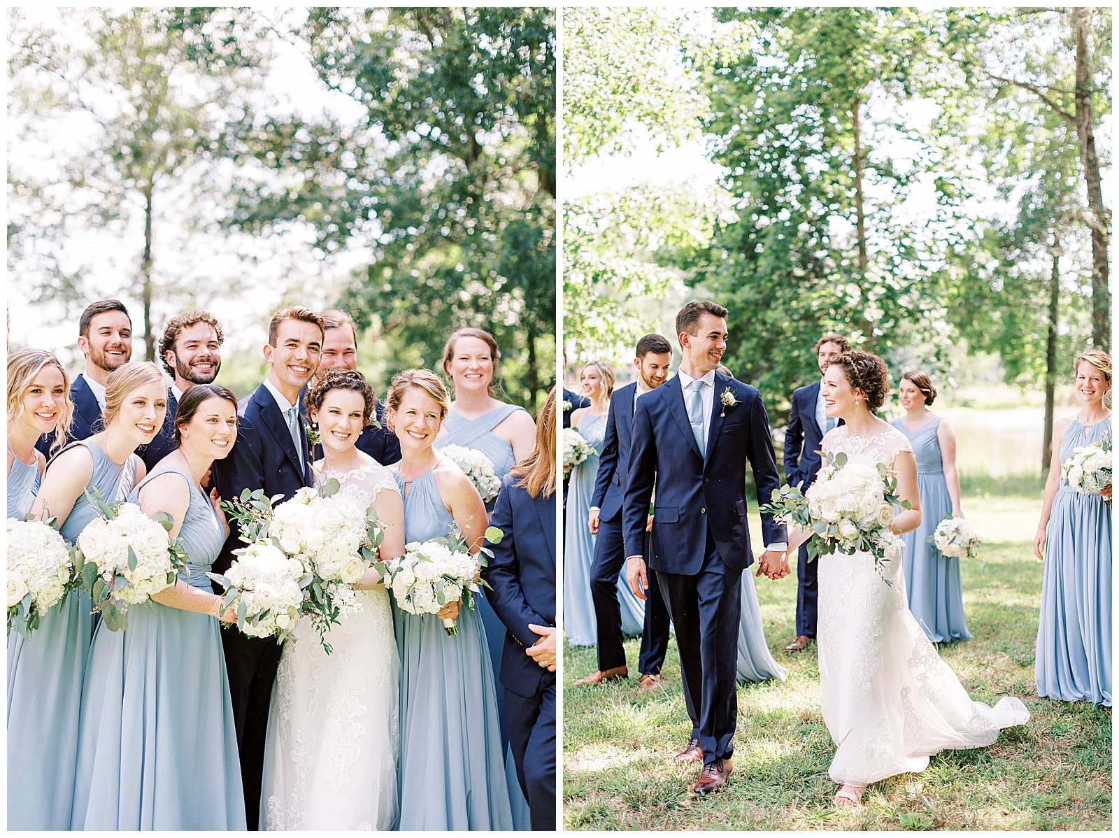 dusty blue bridesmaid bride tribe with white flower bouquet and navy blue suit groomsmen summer outdoor bridal party group portrait