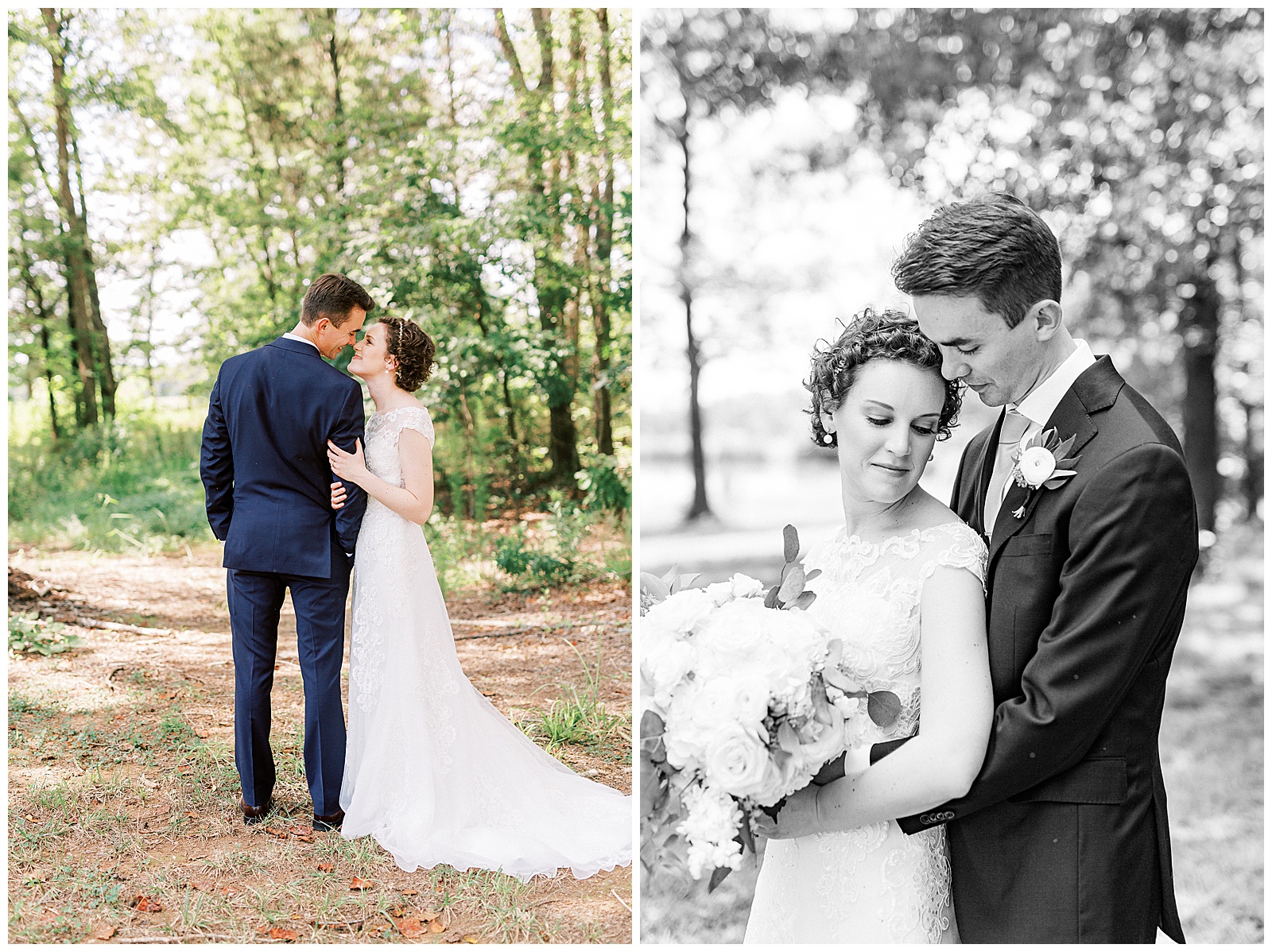 outside bride groom wedding day portraits curly short haired bride with lace wedding dress and navy blue suit groom