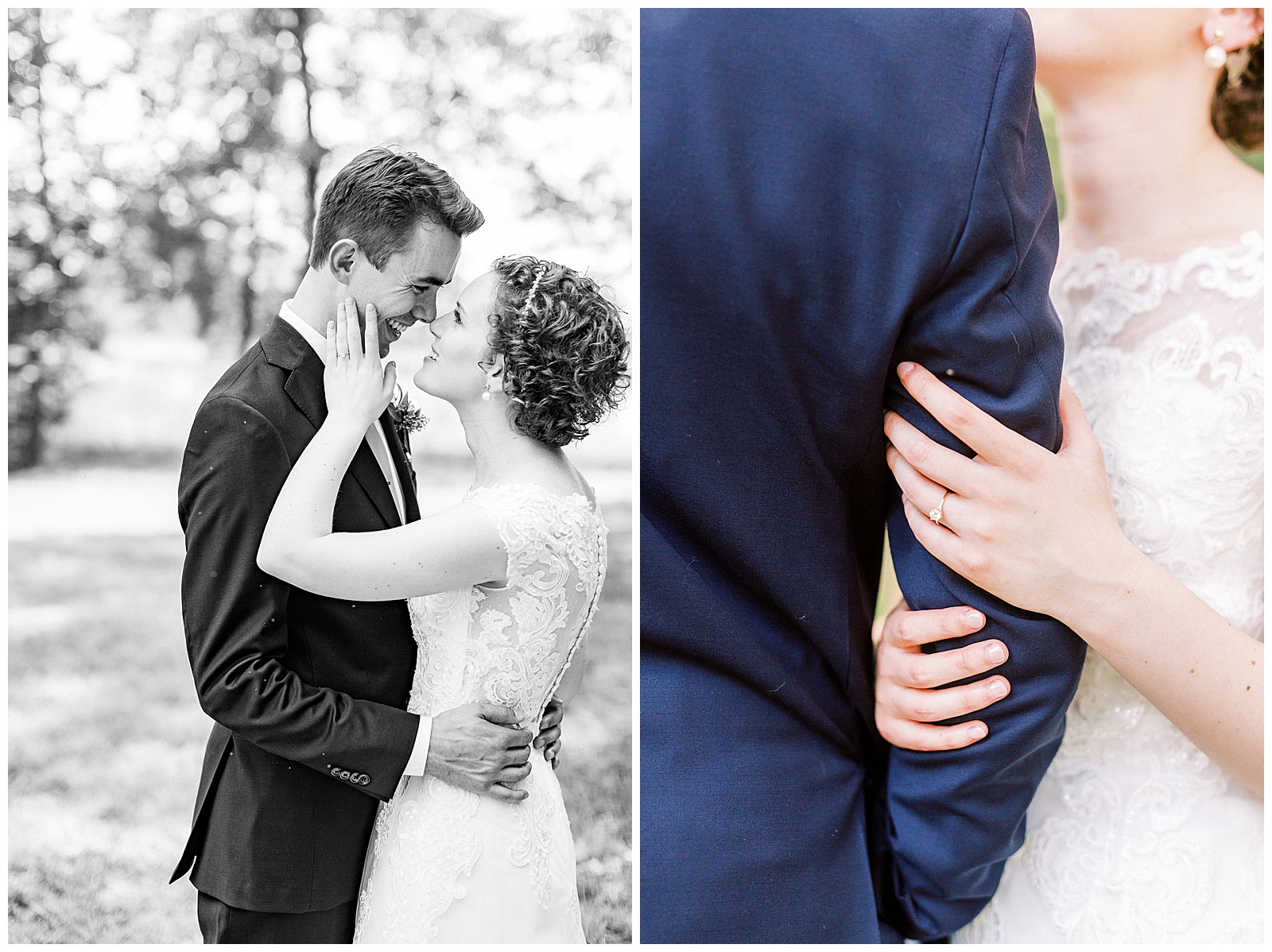 outside bride groom wedding day portraits curly short haired bride with lace wedding dress and navy blue suit groom