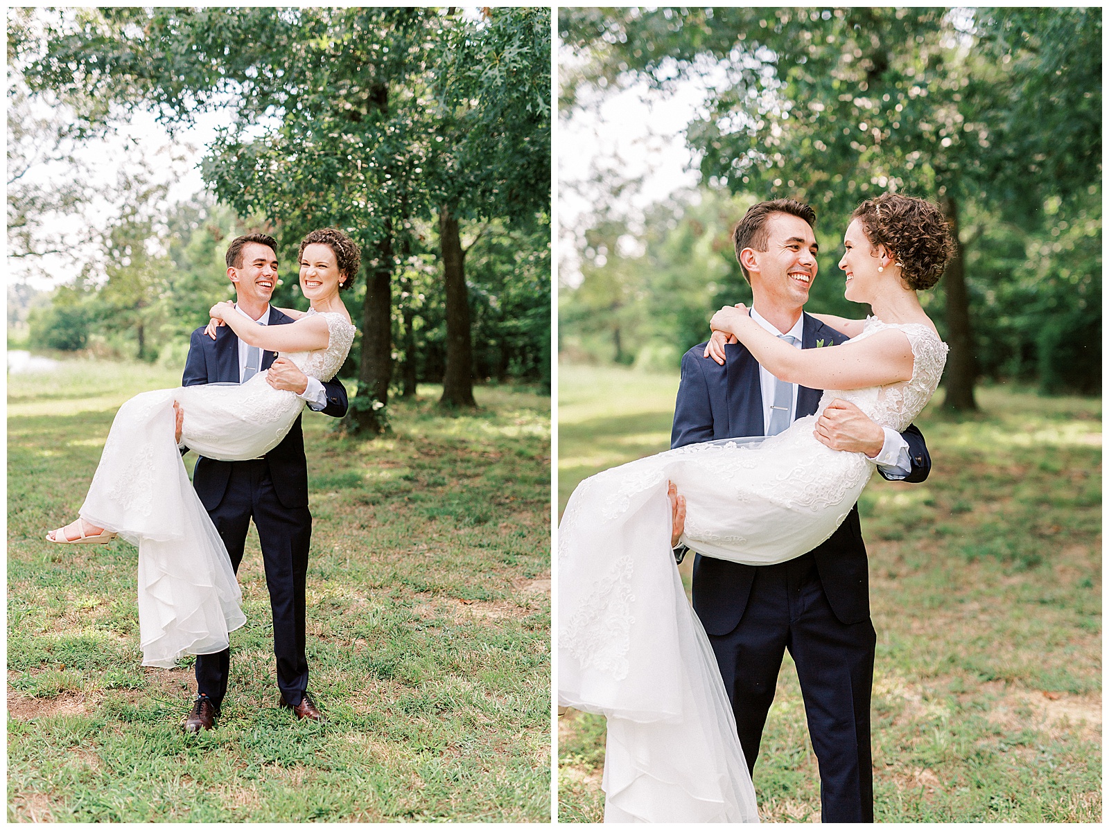 outside bride groom wedding day portraits curly short haired bride with lace wedding dress and navy blue suit groom