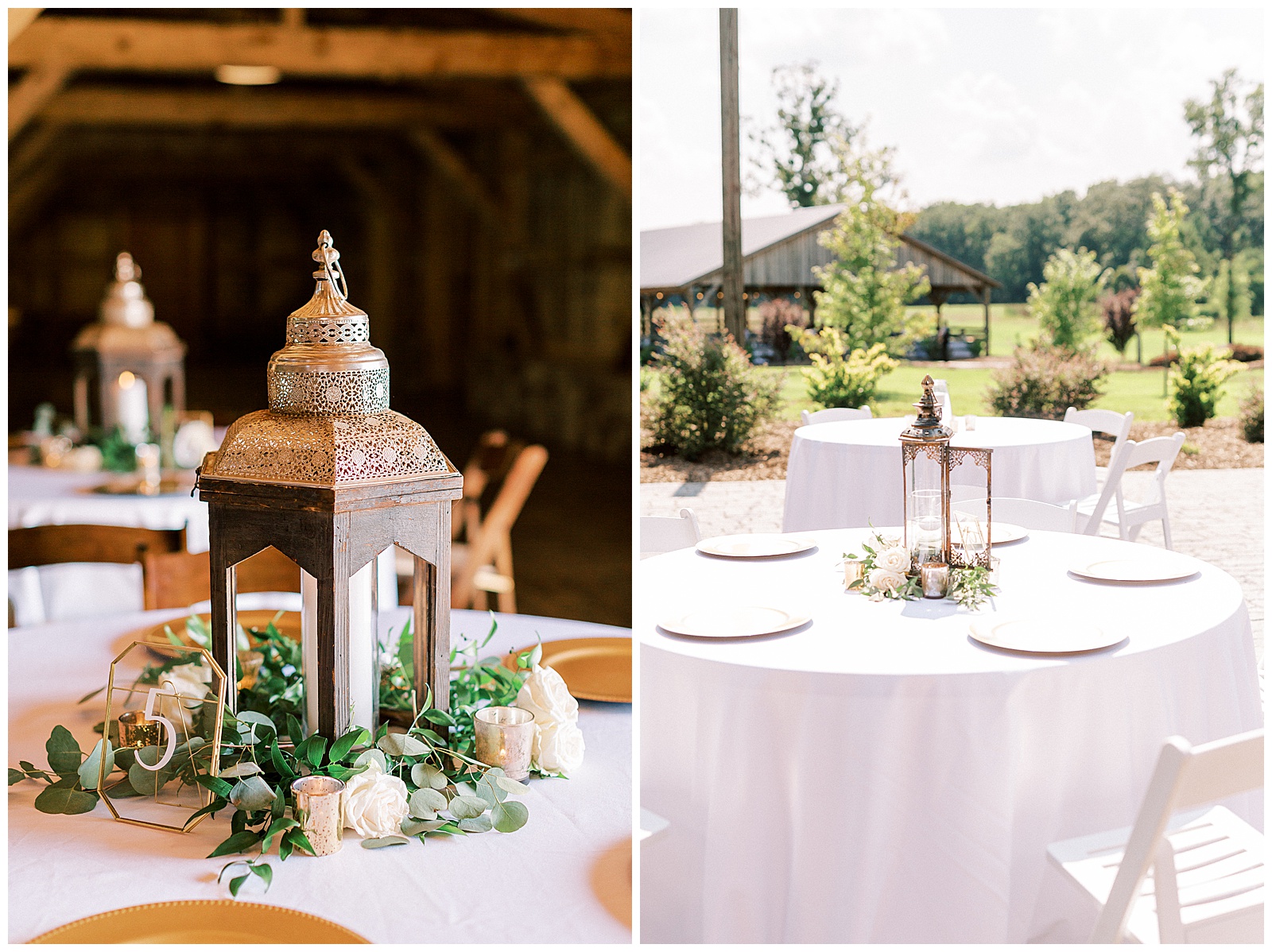 wedding day reception tables with white tablecloths and minimalist lantern centerpiece at wooden barn venue location outdoor indoor