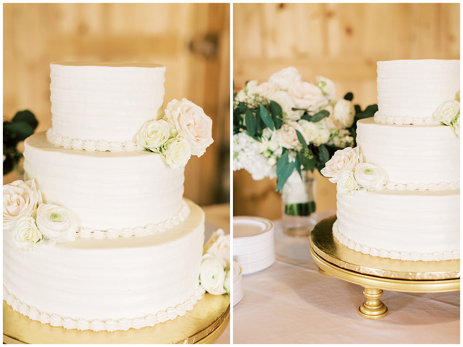 three tiered intricate wedding cake with flowers and bouquet