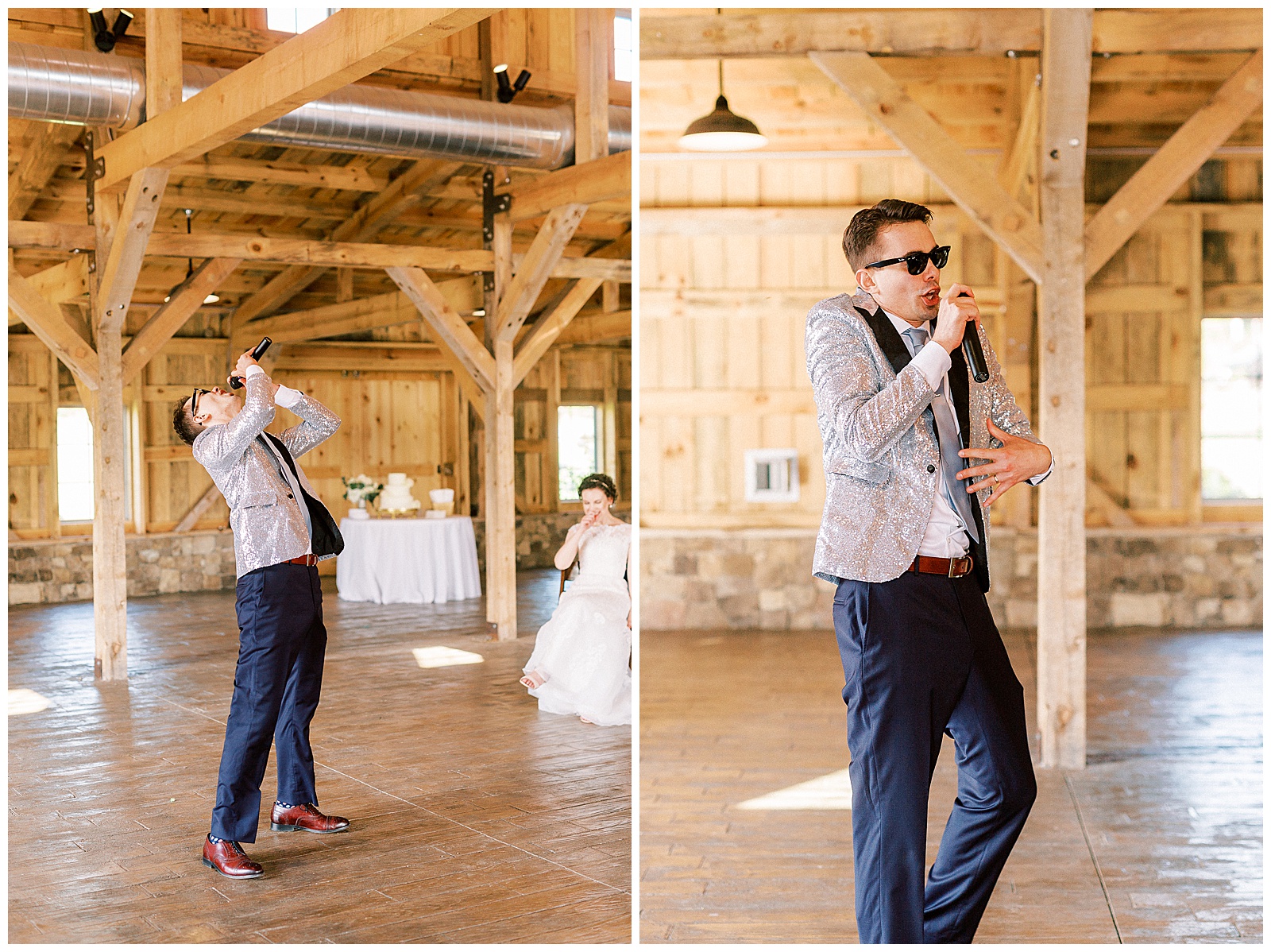 groom performs hilarious surprise song for bride in wooden open barn wedding venue