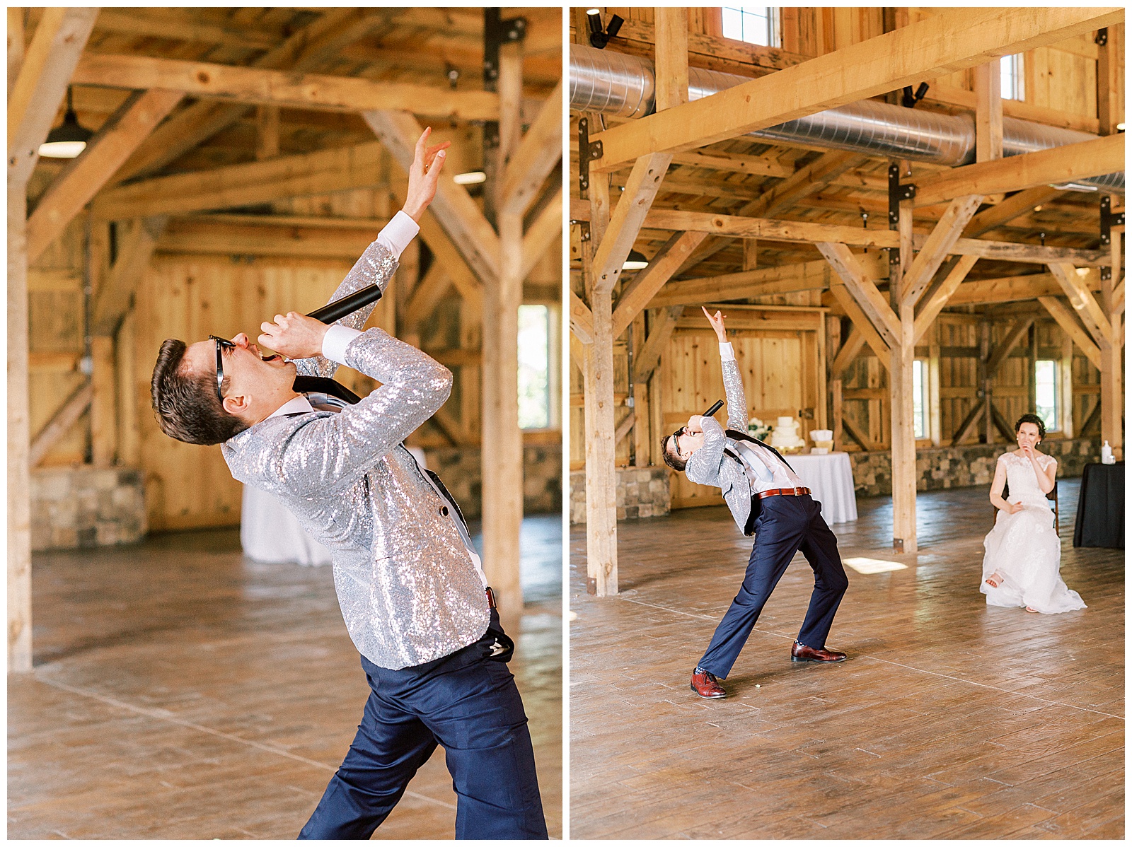 groom performs hilarious surprise song for bride in wooden open barn wedding venue