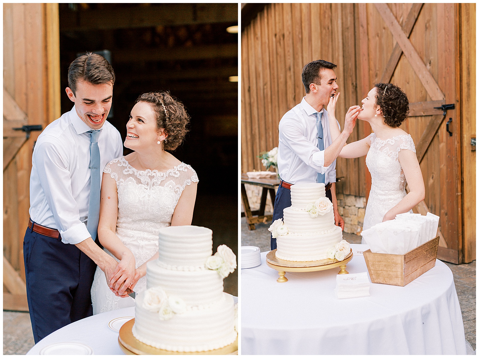 cake cutting at huge open barn the farmstead