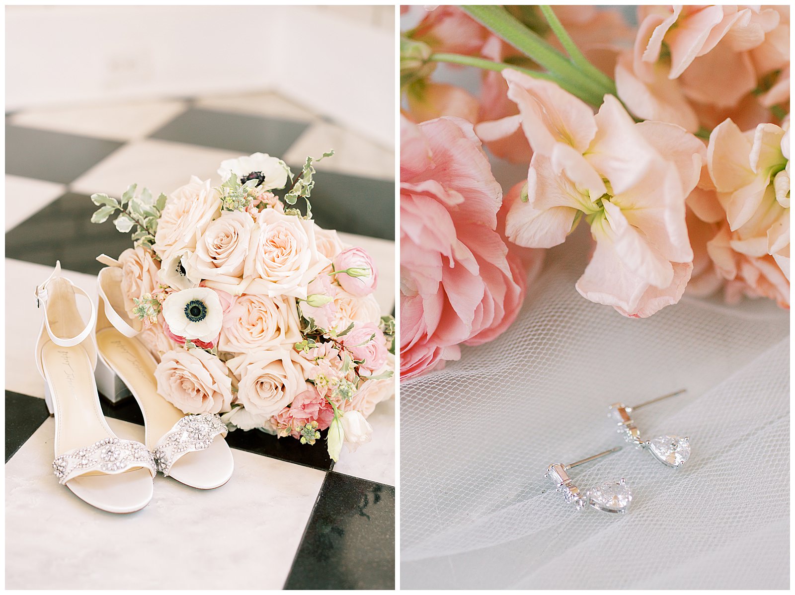 Floral Pink Wedding Bouquet and Diamond Earrings