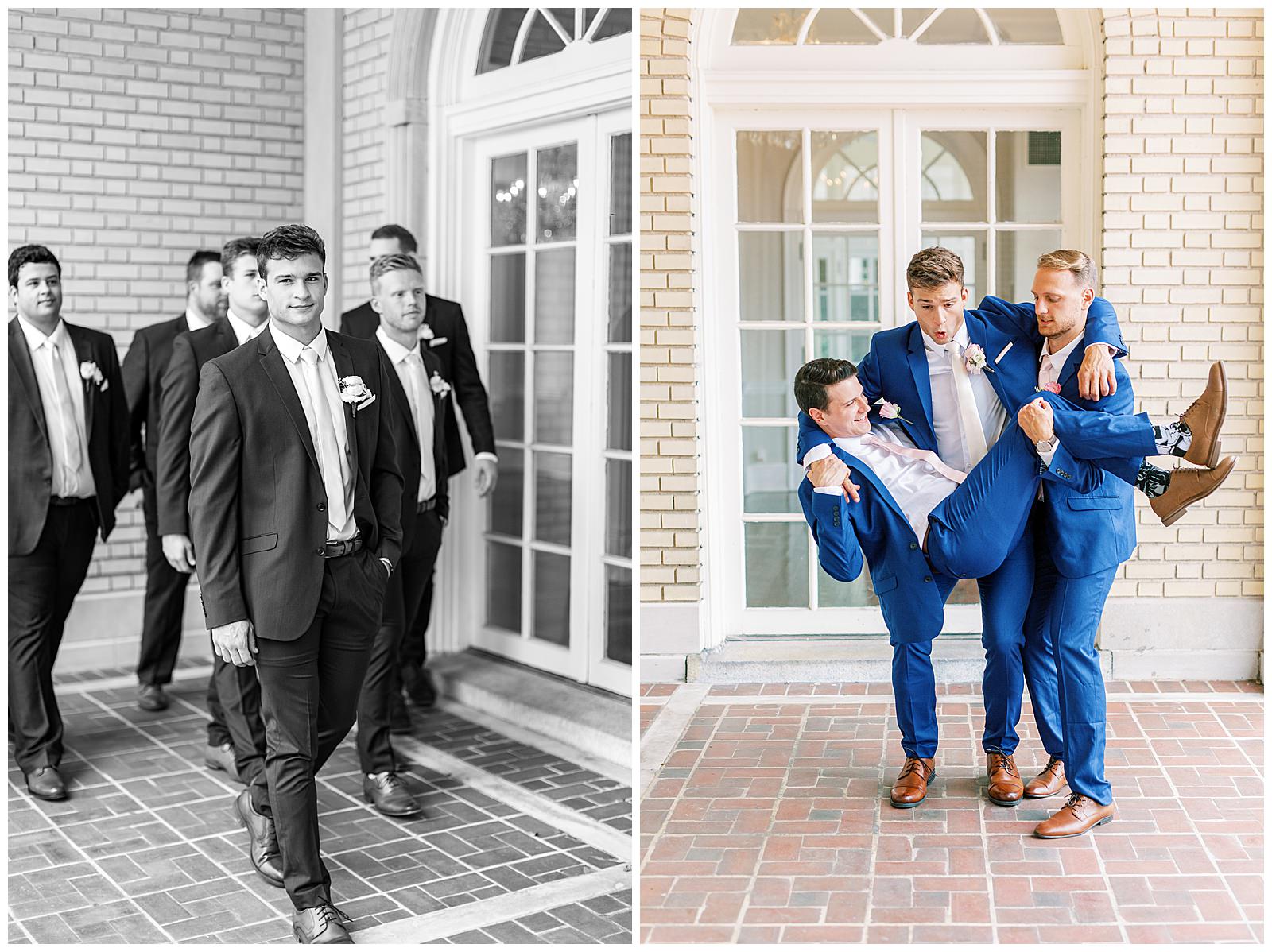 dapper navy royal blue groomsmen style with pink ties outdoor guys group portrait