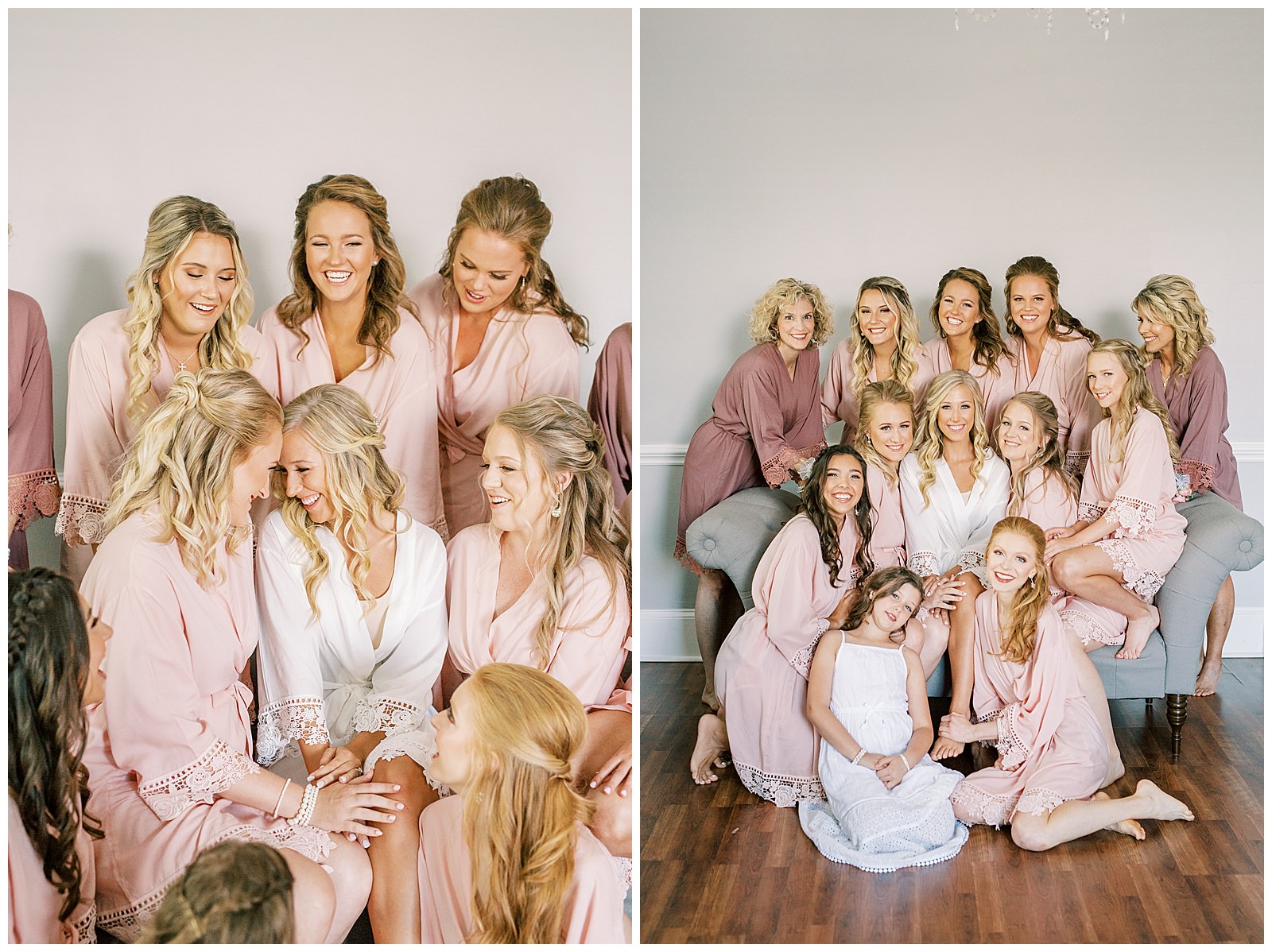 bridesmaid champagne toast in blush pink mauve robes grouped around beaming blonde bride