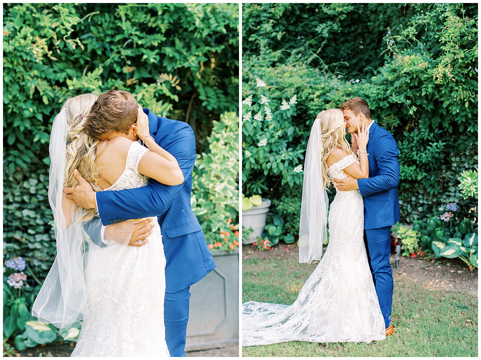 royal blue suited groom and blonde haired bride emotional first look outdoor in garden