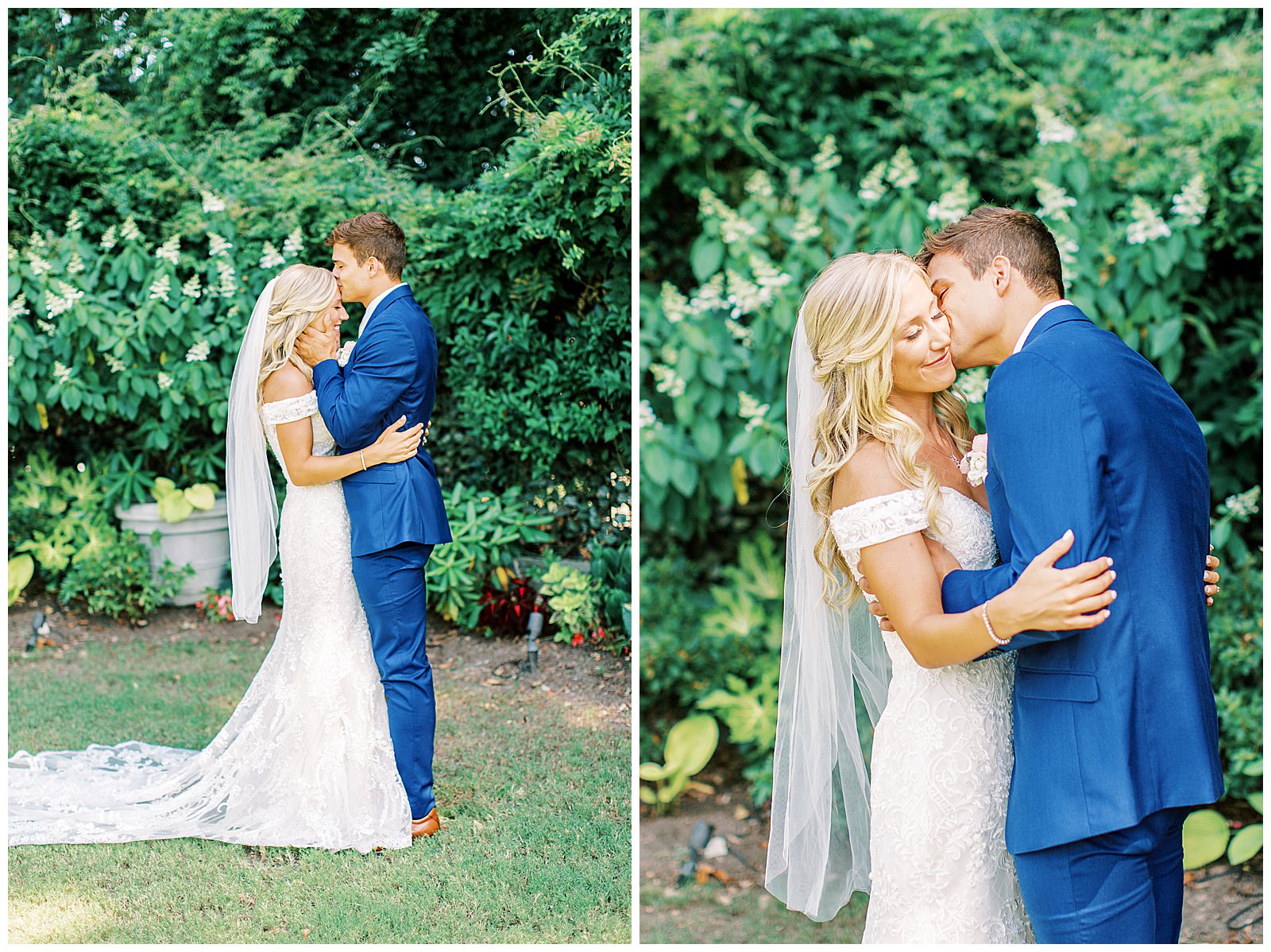 royal blue suited groom and blonde haired bride emotional first look outdoor in garden