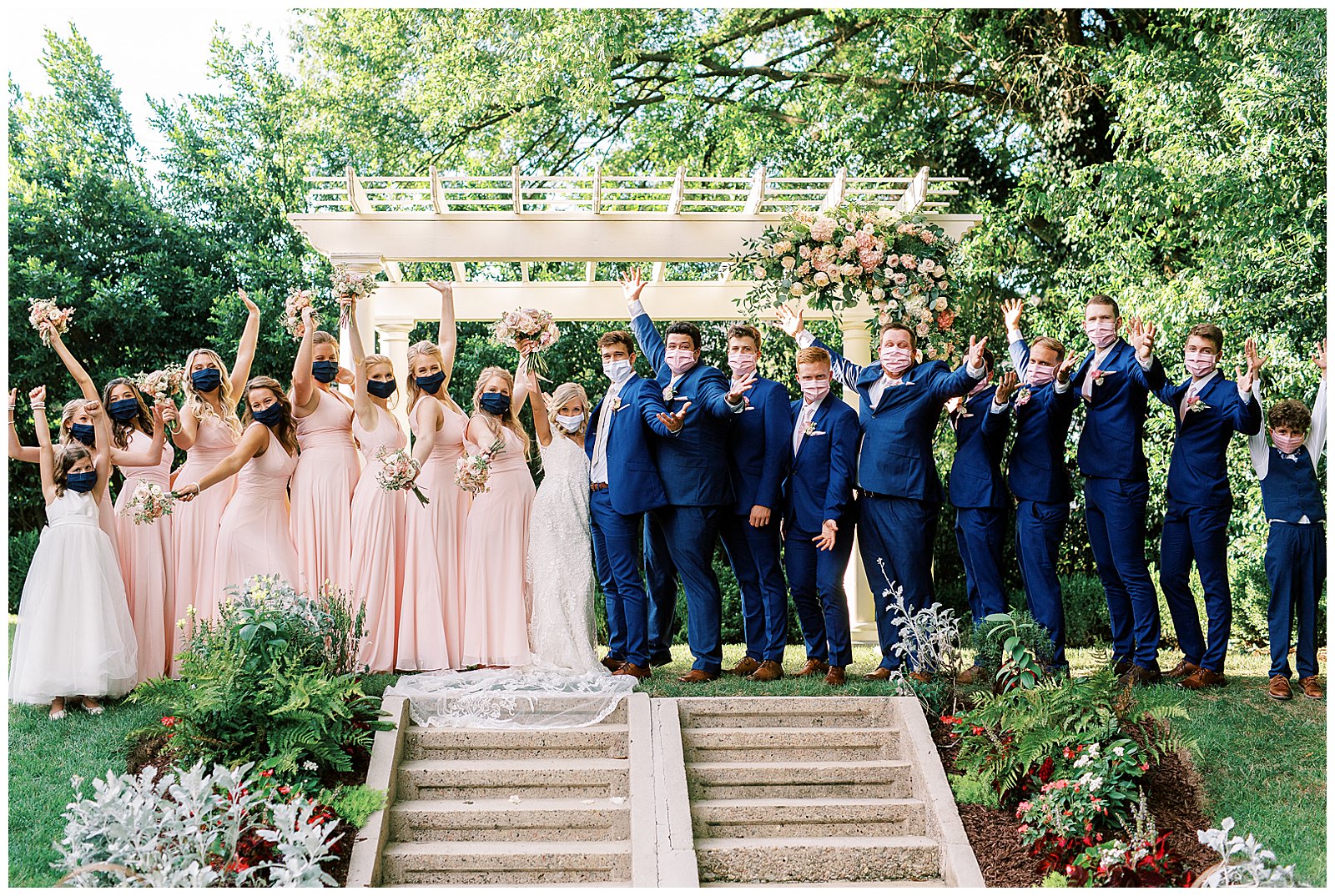 coronavirus pandemic bridal portraits outdoors at separk mansion with navy royal blue and soft pink color palette