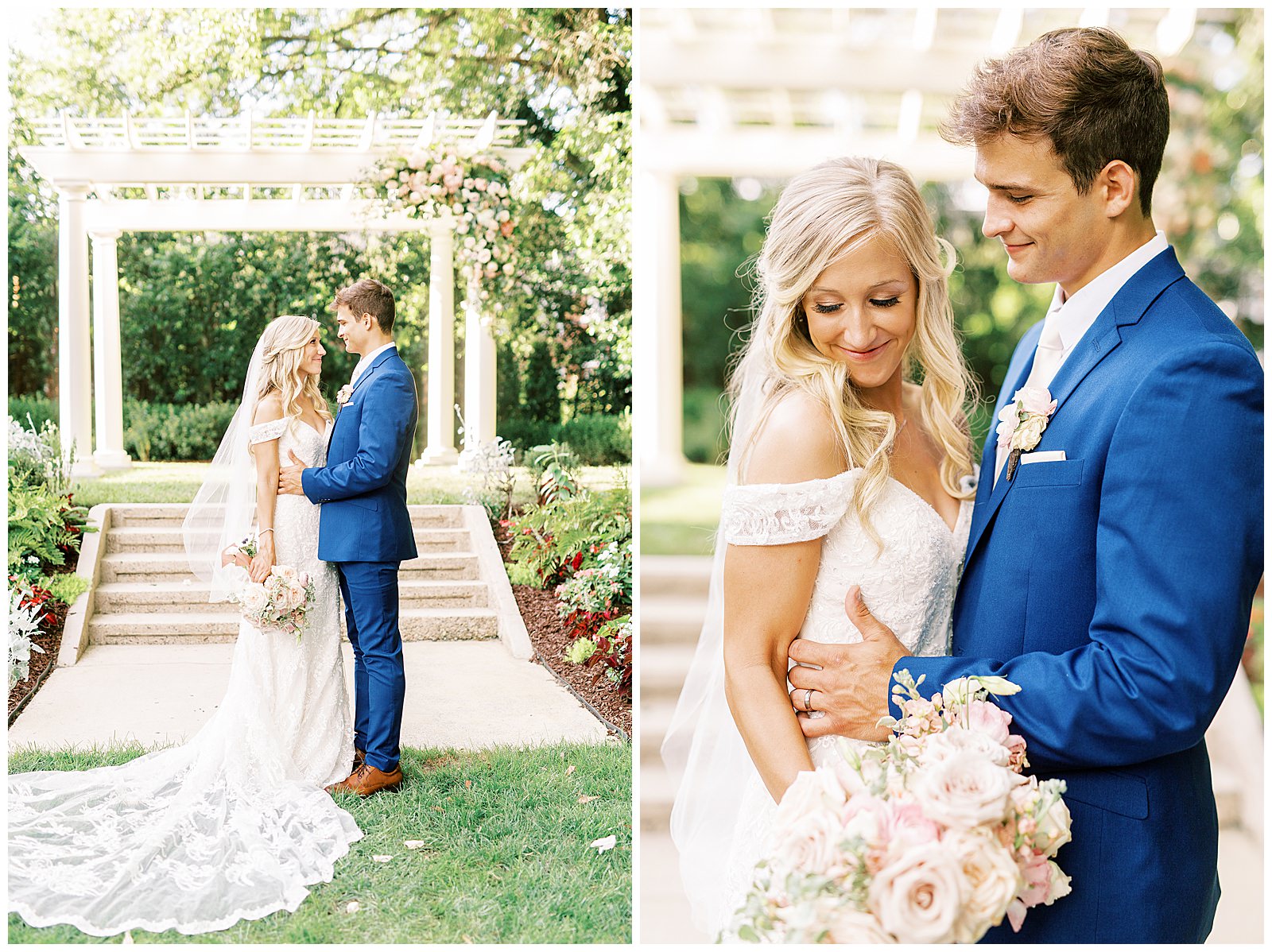lace dress blond haired bride and dapper navy royal blue groom portraits outdoors under arch at separk mansion summer wedding