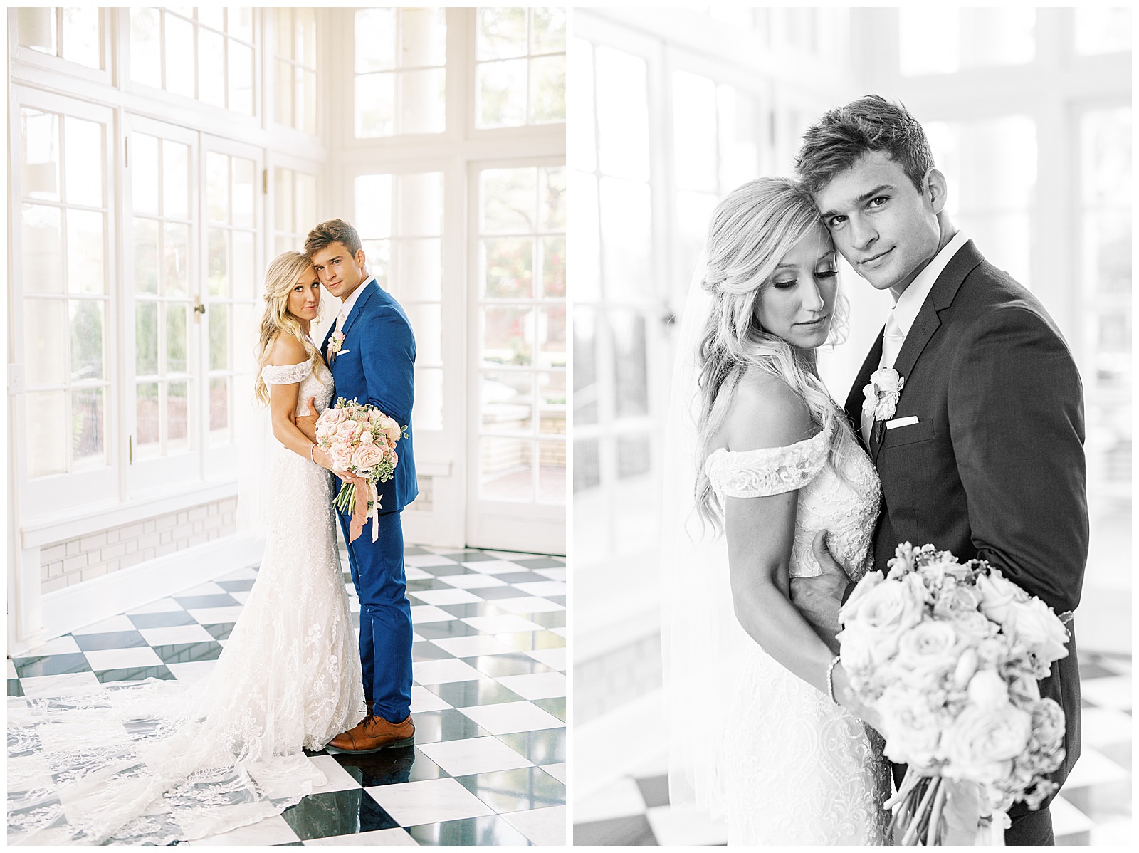blond haired bride and dapper navy royal blue groom portraits in separk mansion black and white ballroom