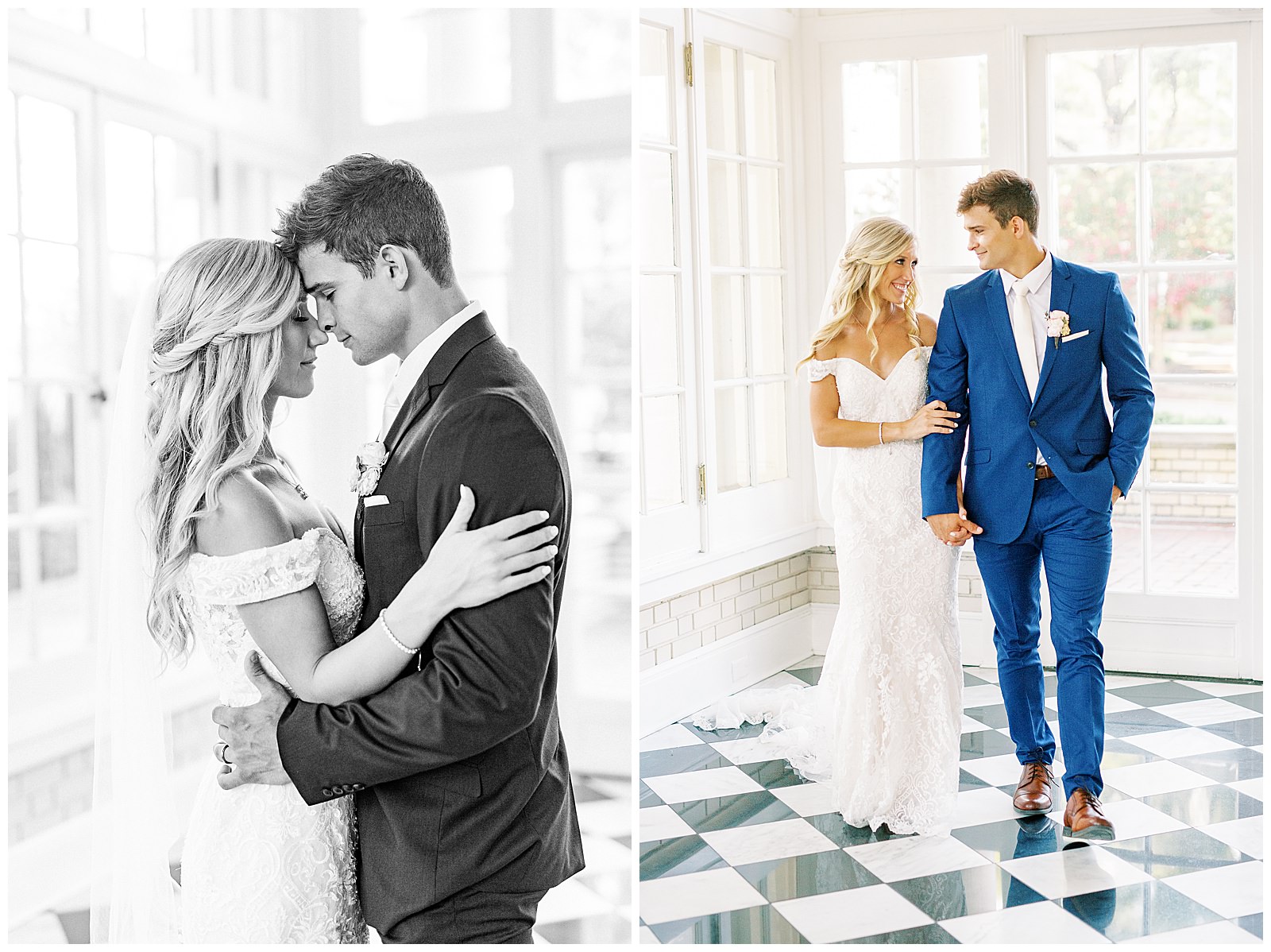 blond haired bride and dapper navy royal blue groom portraits in separk mansion black and white ballroom