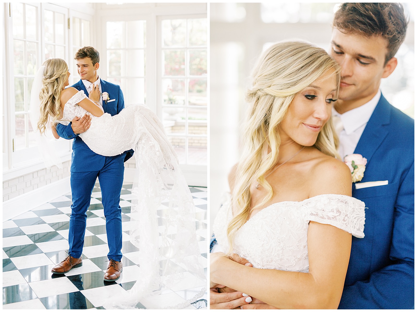 blond haired bride and dapper navy royal blue groom portraits in separk mansion black and white ballroom