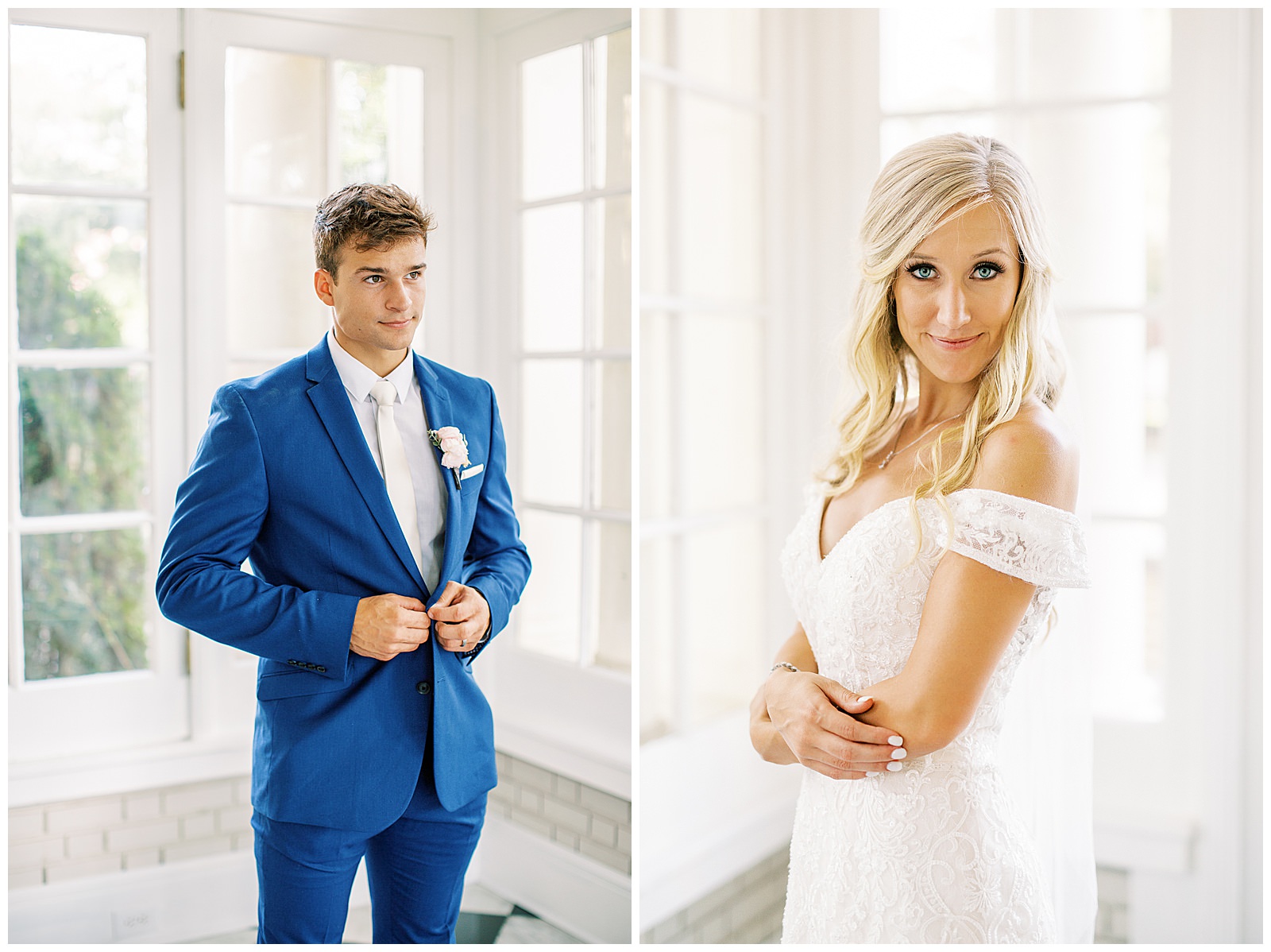 blond haired bride and dapper navy royal blue groom portraits in separk mansion black and white ballroom