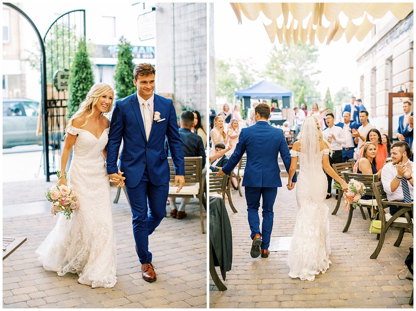 bride and groom enter esquire hotel outdoor patio wedding reception