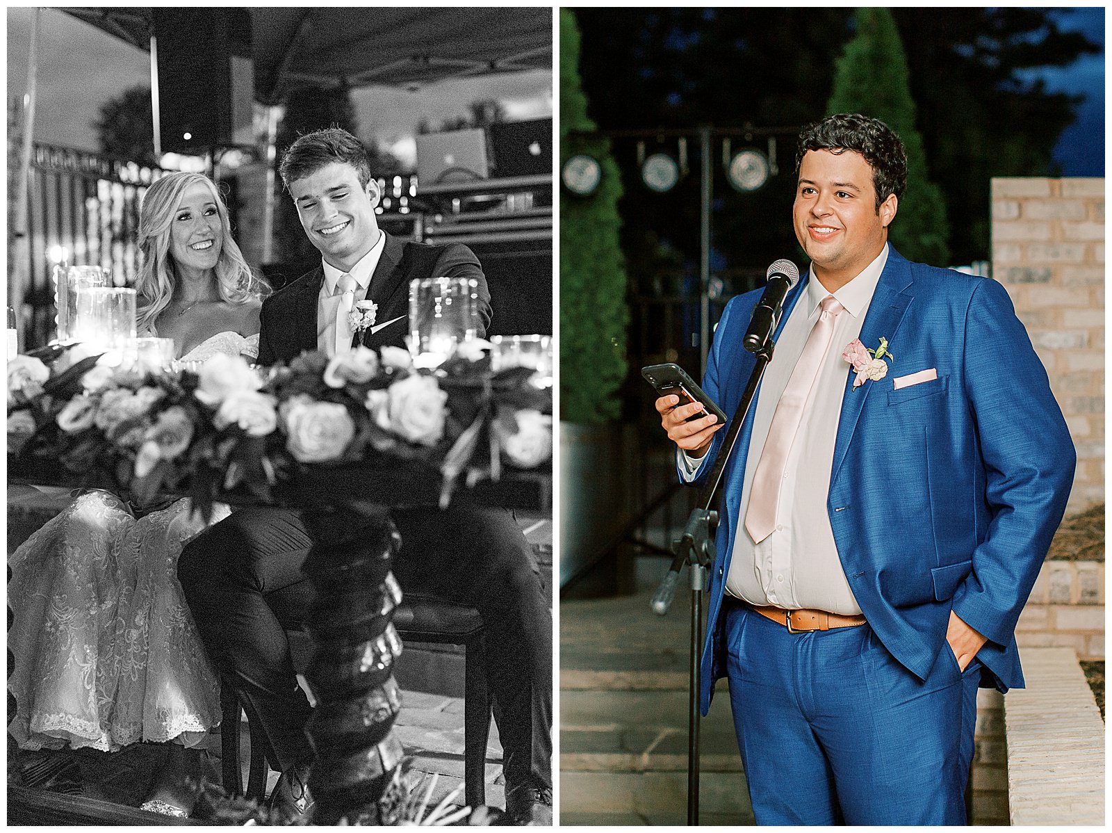 grooms best man gives toast at esquire hotel outdoor patio wedding reception