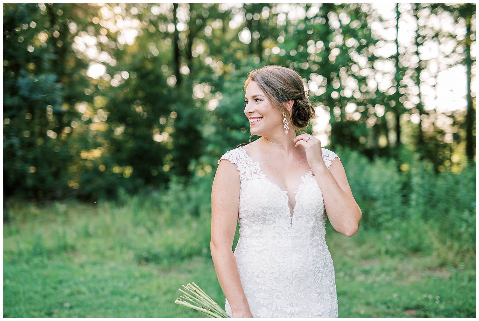 Bridal Portraits of Lace Wedding Dress at sunset in wood and fields