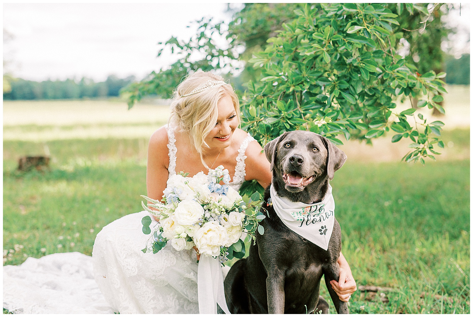 chocolate lab dog with bride during summer outdoor forest bridal session