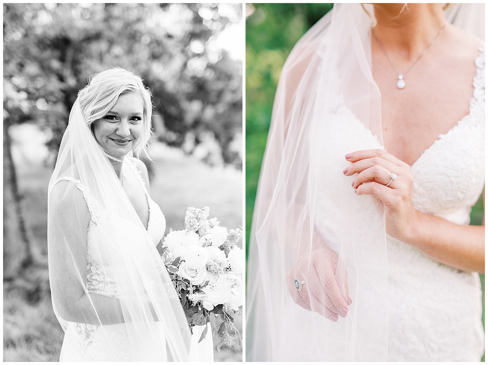 long veil white lace dress blonde haired updo bride poses in Summer Forest Outdoor Bridal Session
