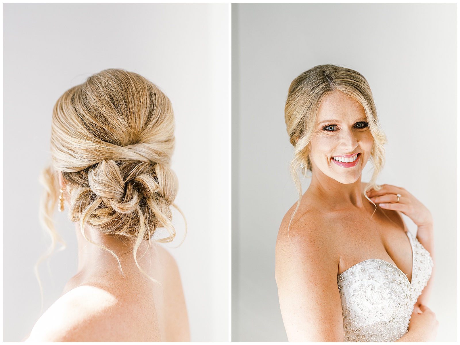 blonde haired bride twisted hair updo from gorgeous light and airy indoor bridal portraits
