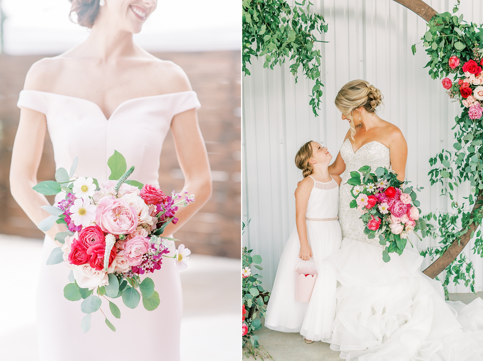 flower girl looks up at bride with floral arch behind them