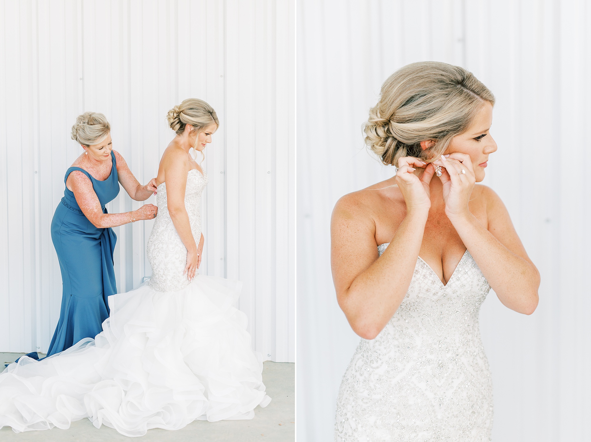 bride gets into mermaid wedding gown with mom's help