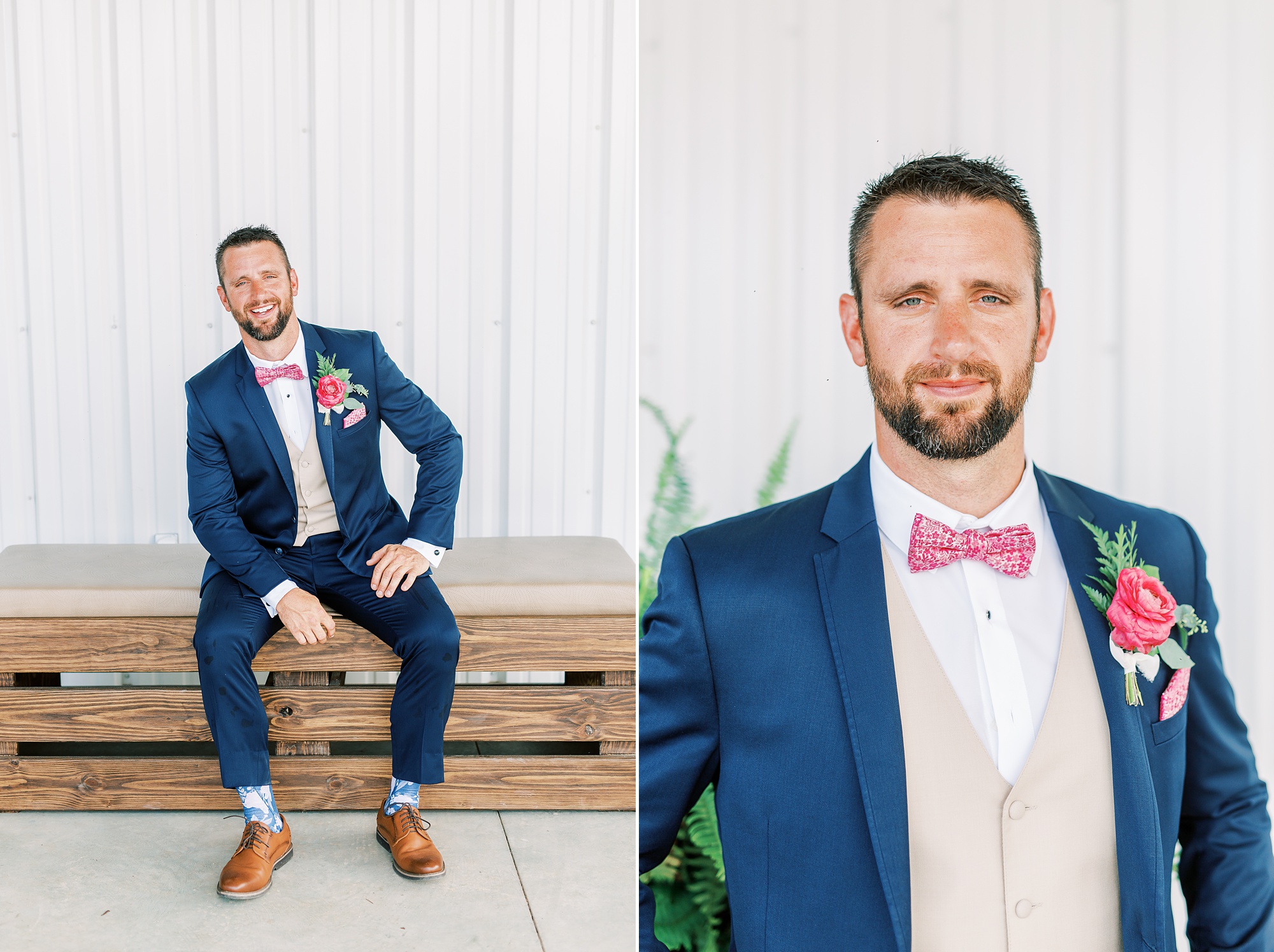 groom in blue suit poses before Belle's Venue wedding