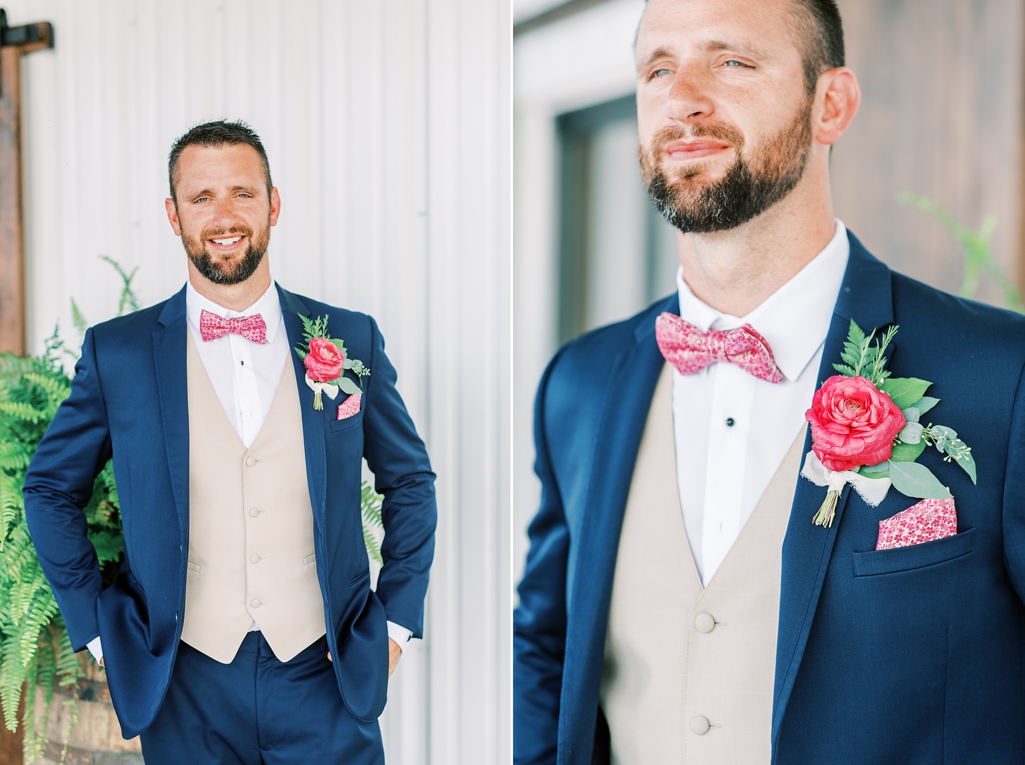 groom in suit poses at Belle's Venue