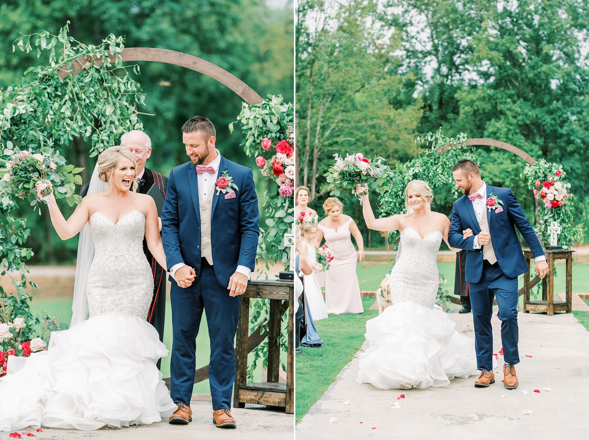 bride and groom cheer while walking up aisle after wedding ceremony