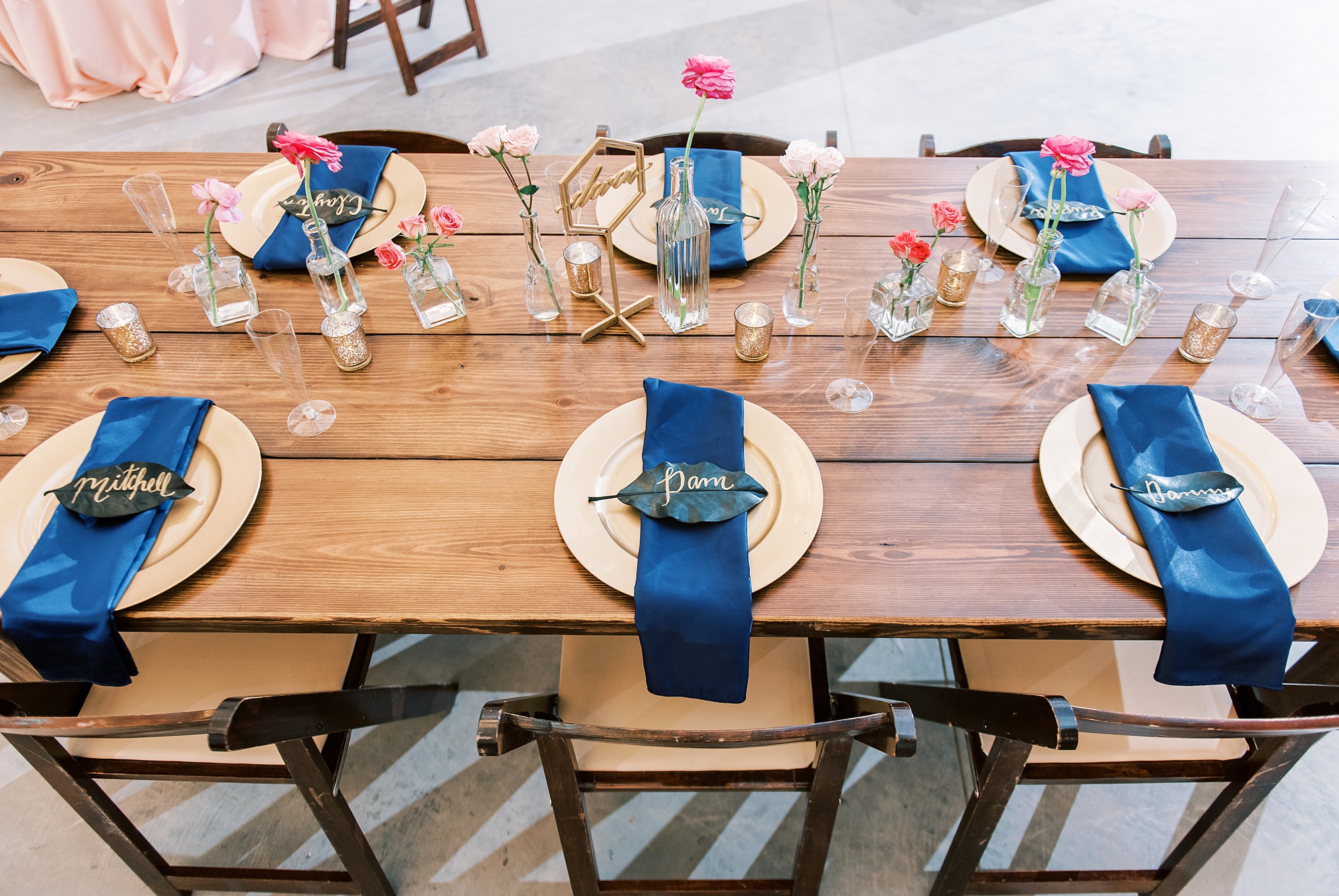 place settings with modern navy and gold accents