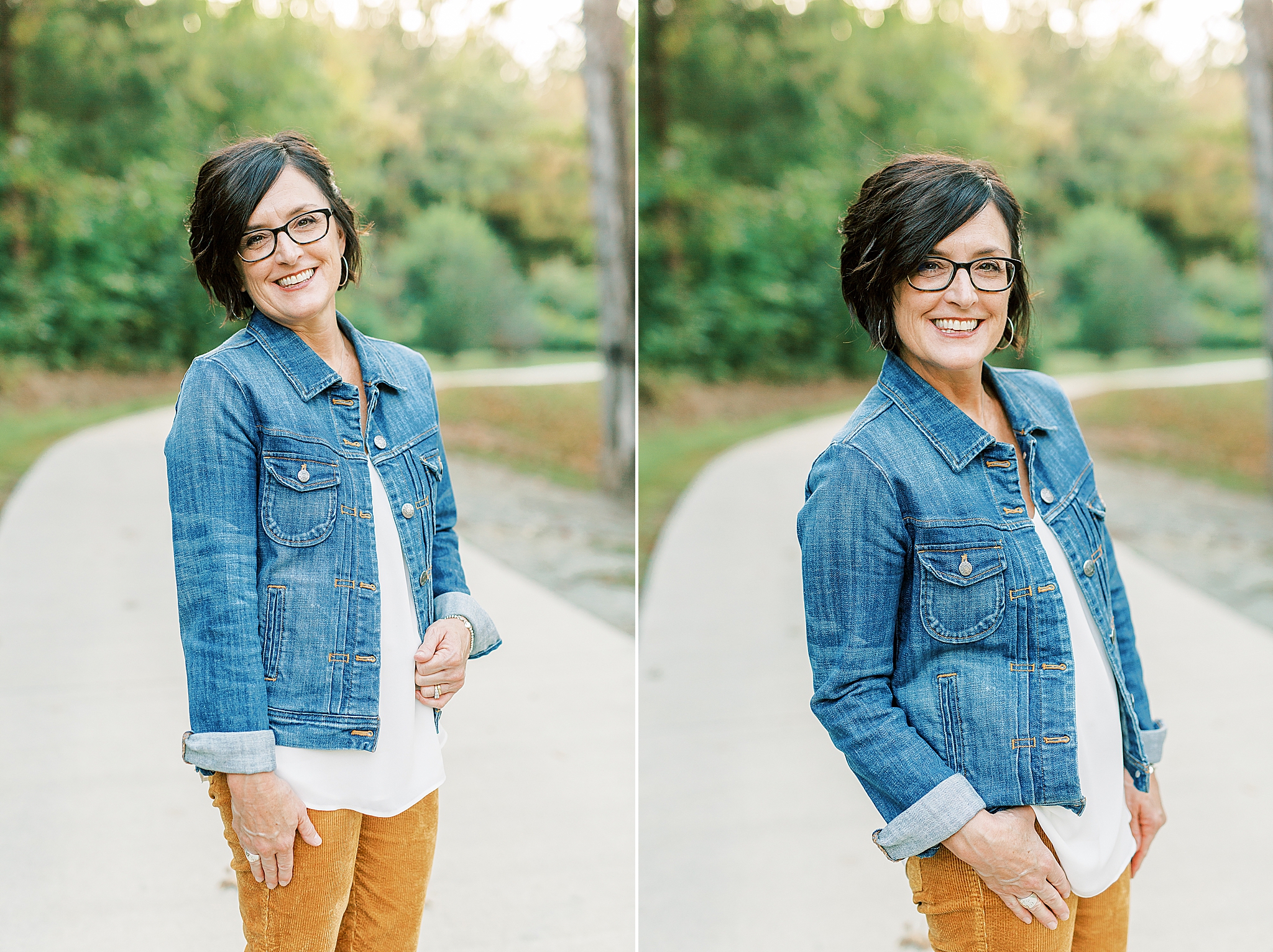 headshots of mom in jean jacket in marigold pants