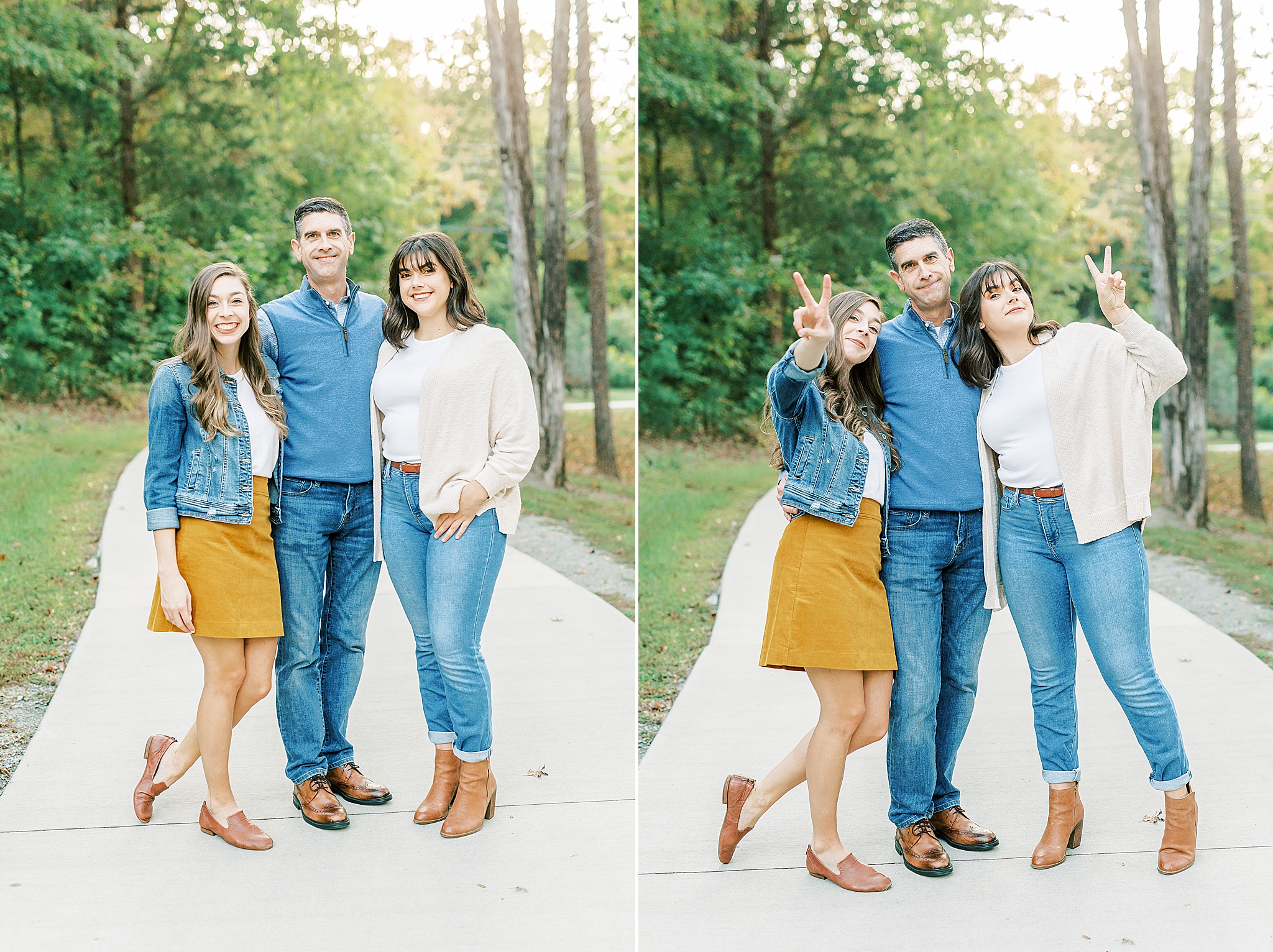 sister poses with dad during Charlotte Fall Family Portraits