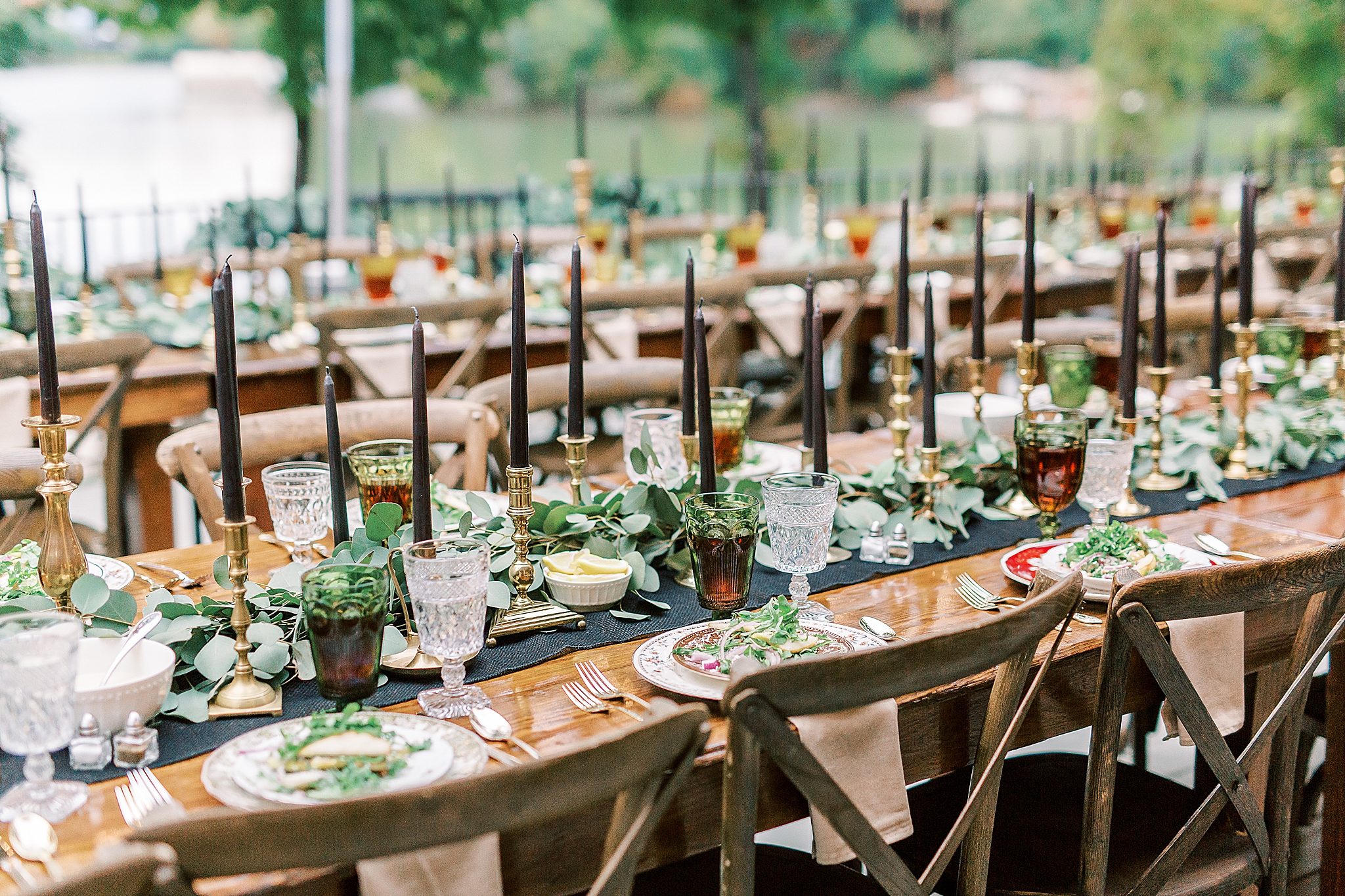 vintage glassware and black candles for Charlotte NC Rehearsal Dinner