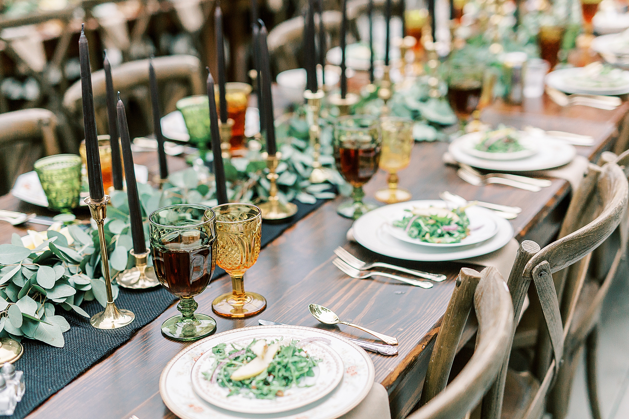 Charlotte NC Rehearsal Dinner tablescape with gold glassware