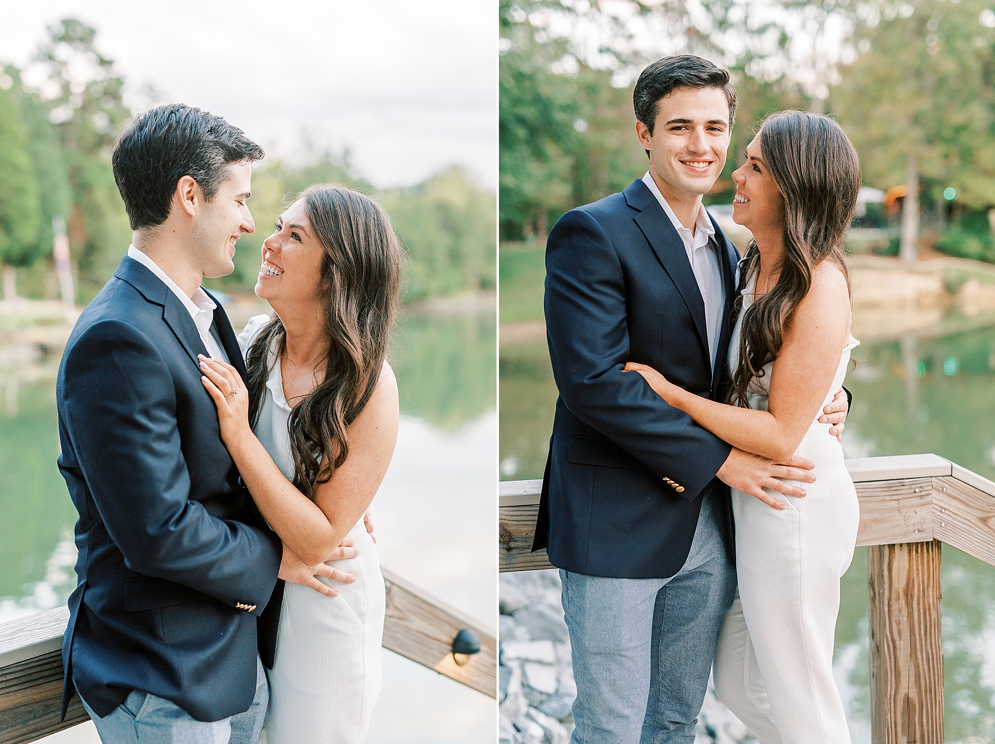 engaged couple poses along Lake Wylie