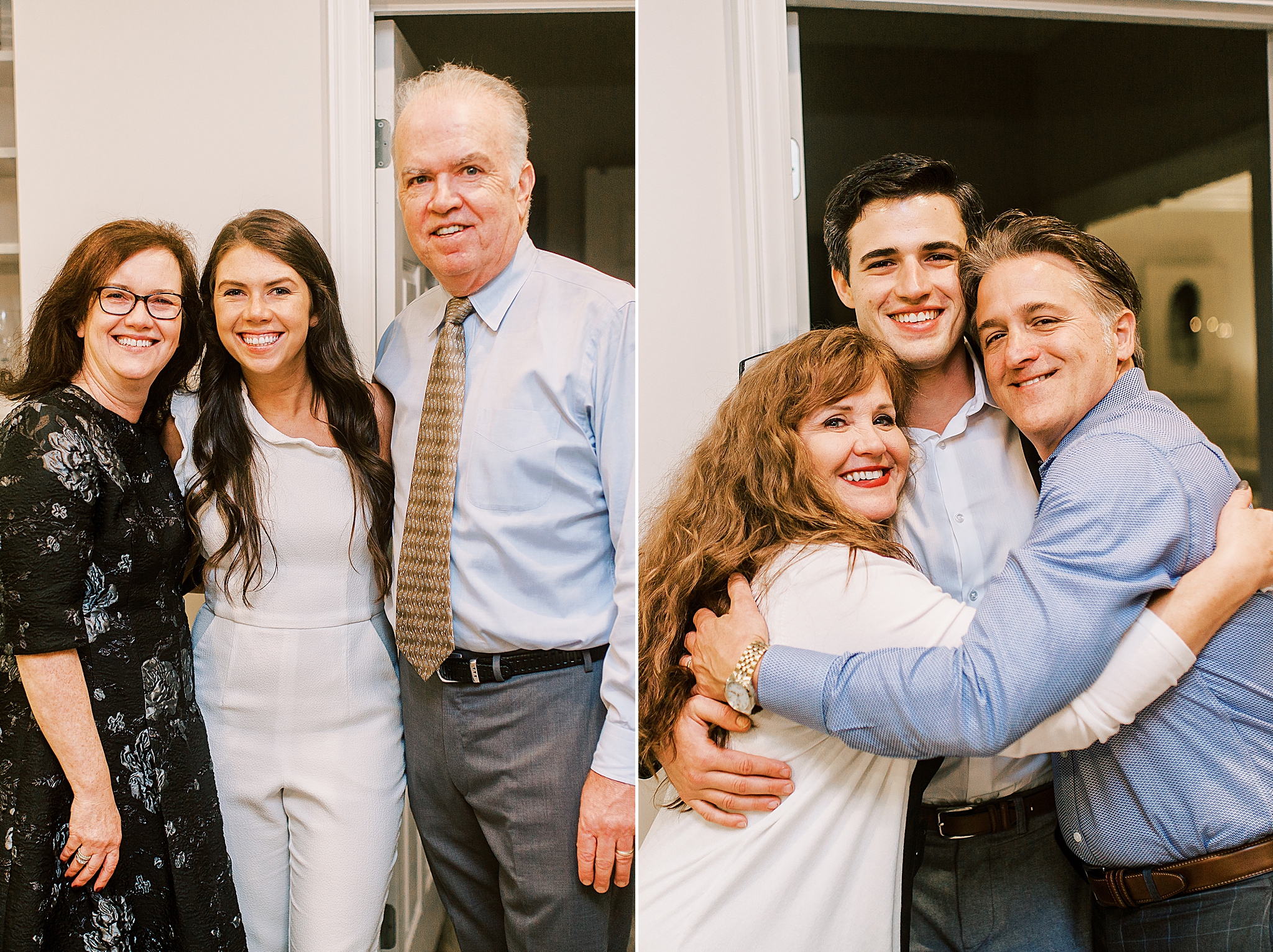 bride and groom pose with parents during Charlotte NC Rehearsal Dinner