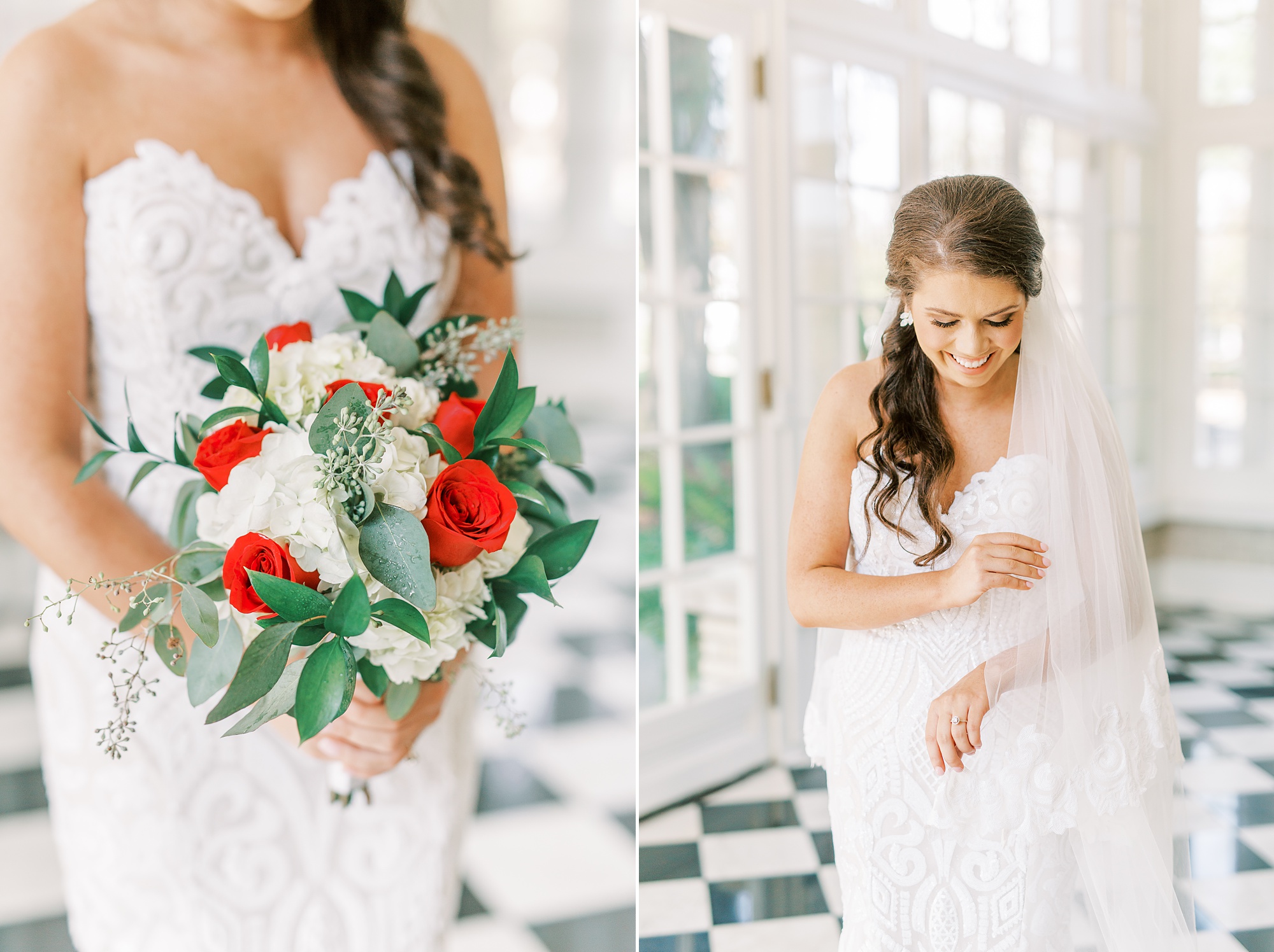 bride holds veil around shoulder during Classic Charlotte Bridal Portraits