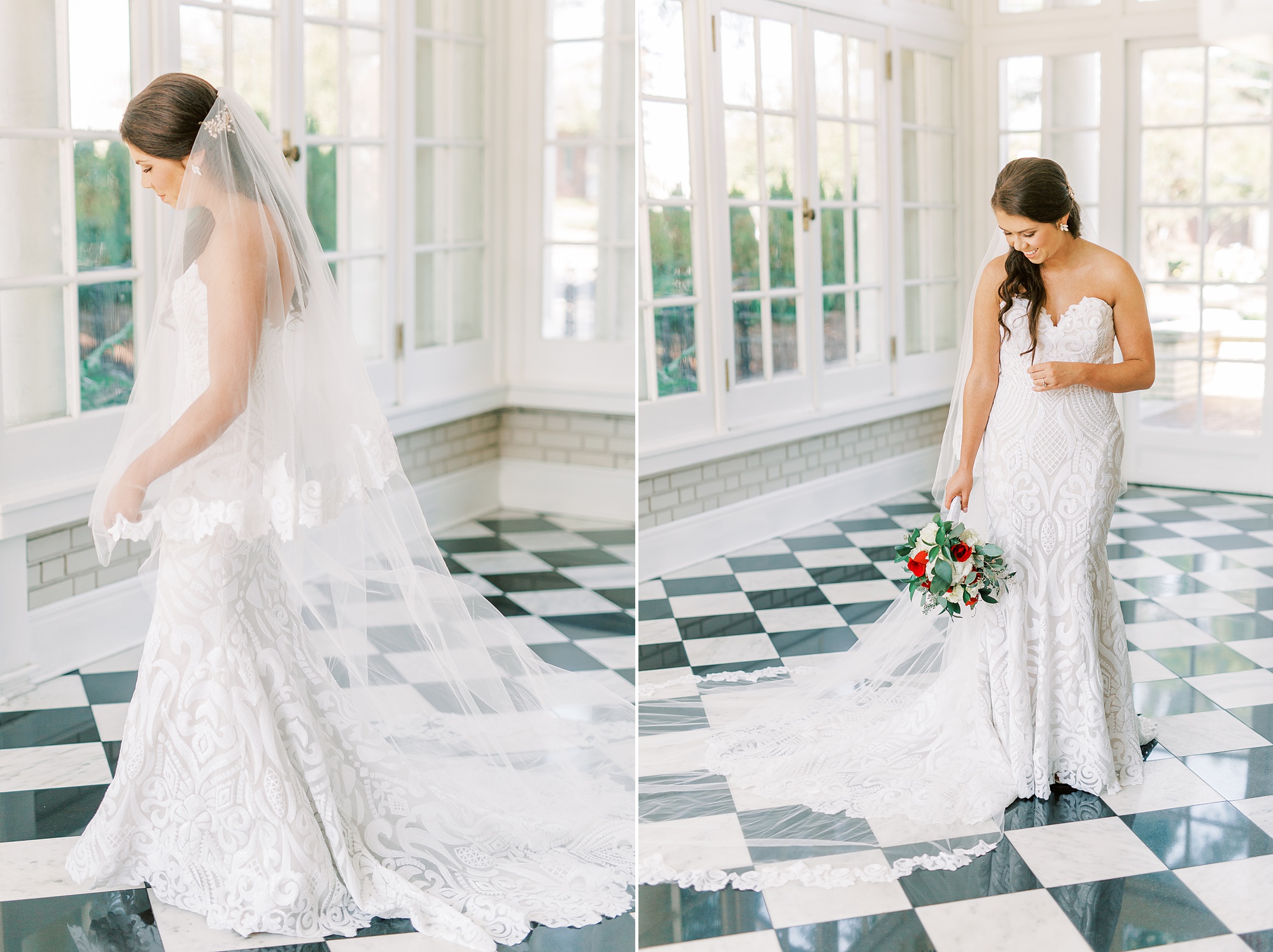 bride holds bouquet during Separk Mansion bridal session