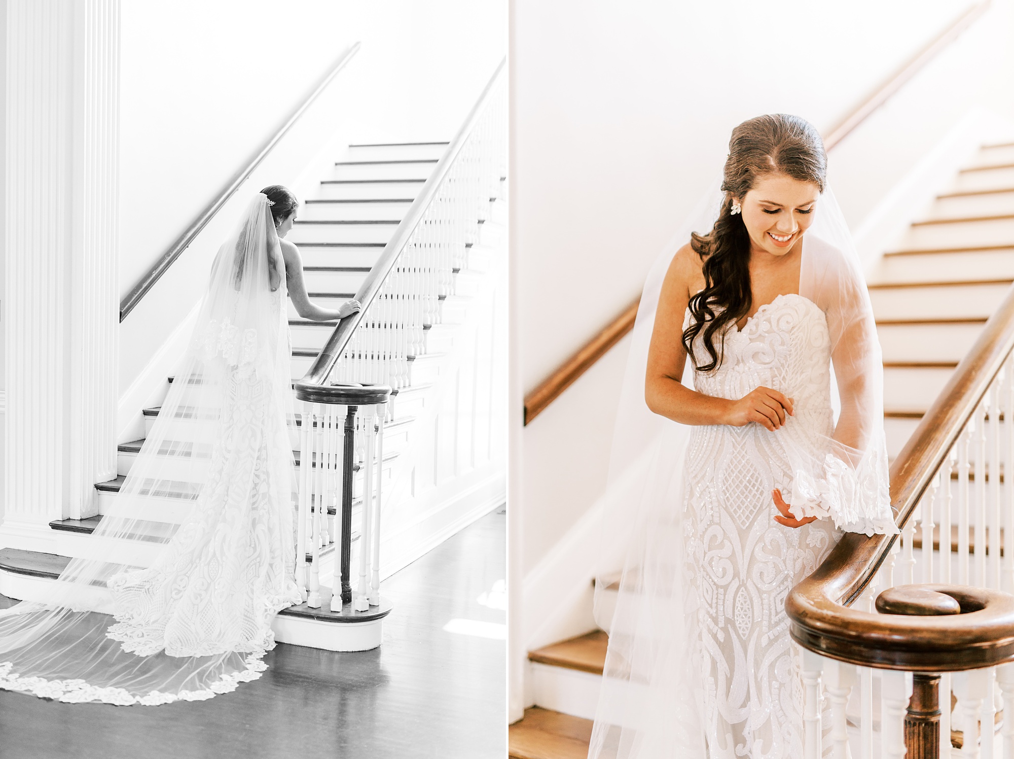 bride poses on staircase at Separk Mansion