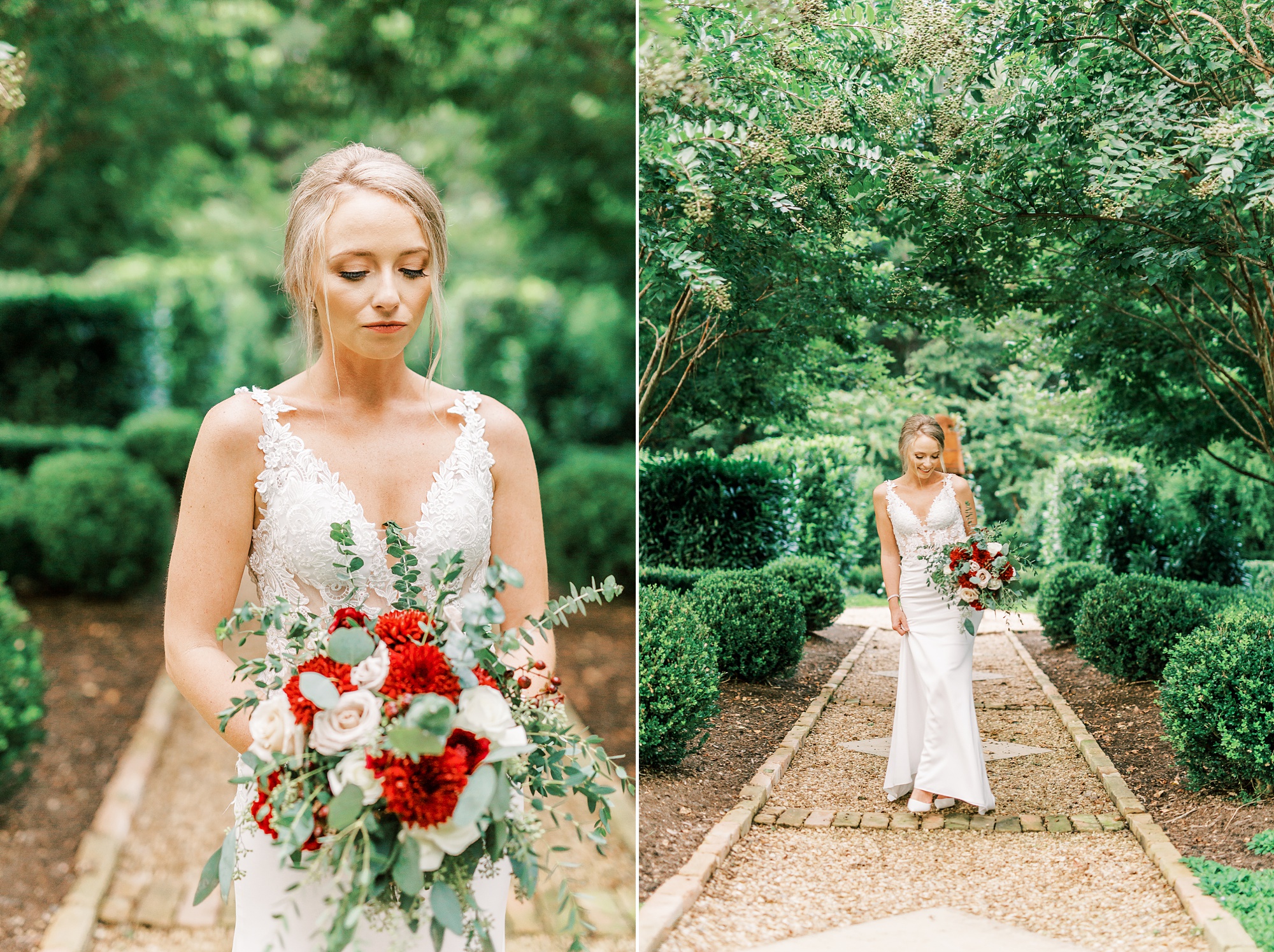 bride holds bouquet of red and white flowers during bridals in The Andrews Farm