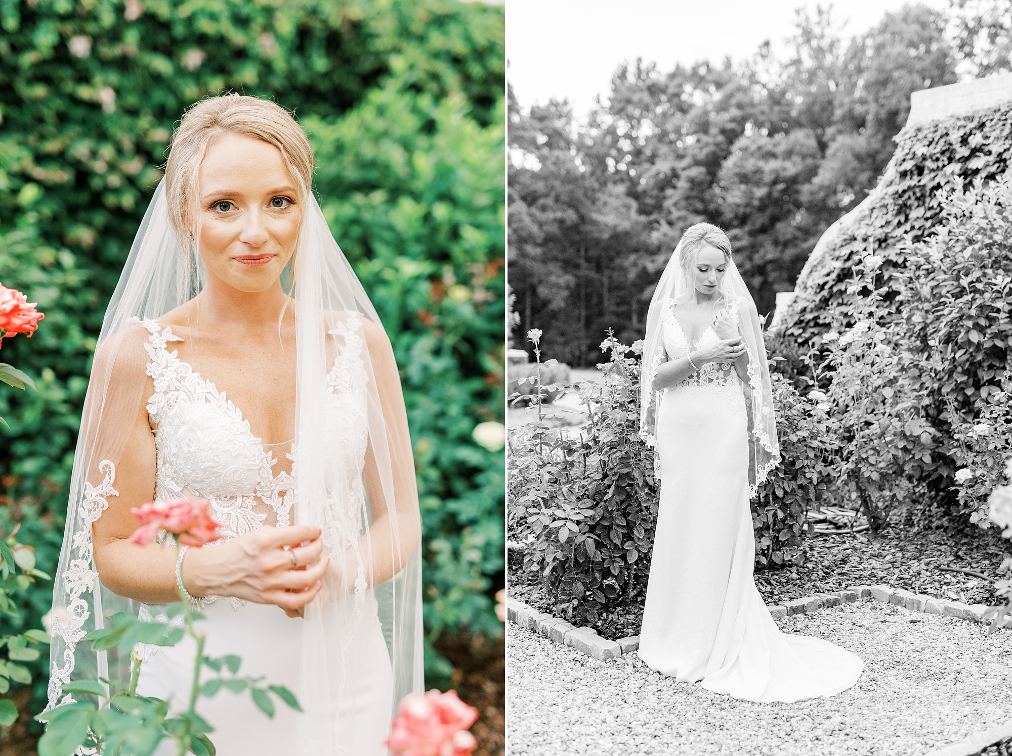 bride holds veil during portraits at The Andrews Farm