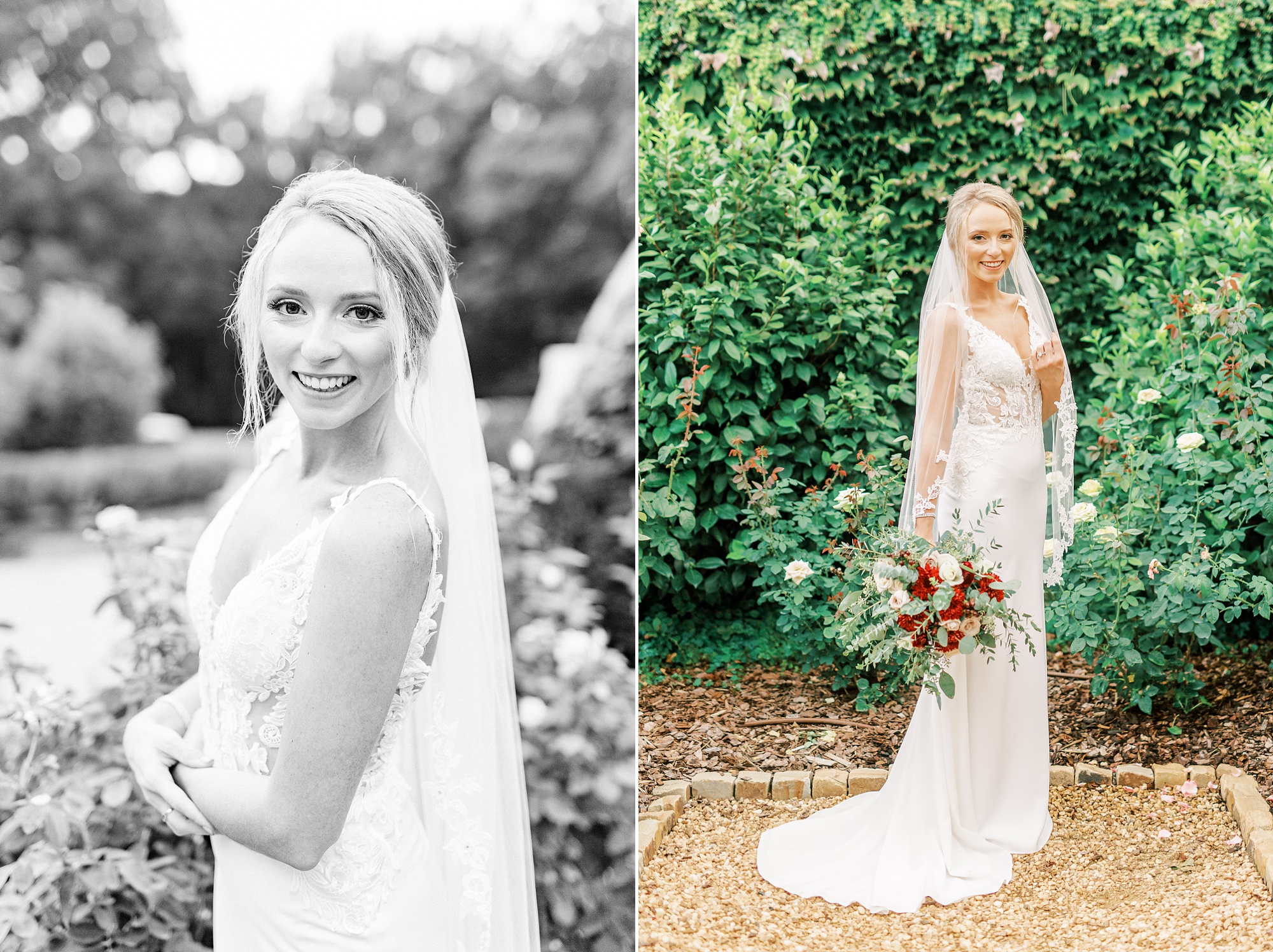 bride poses with red and white bouquet at The Andrews Farm