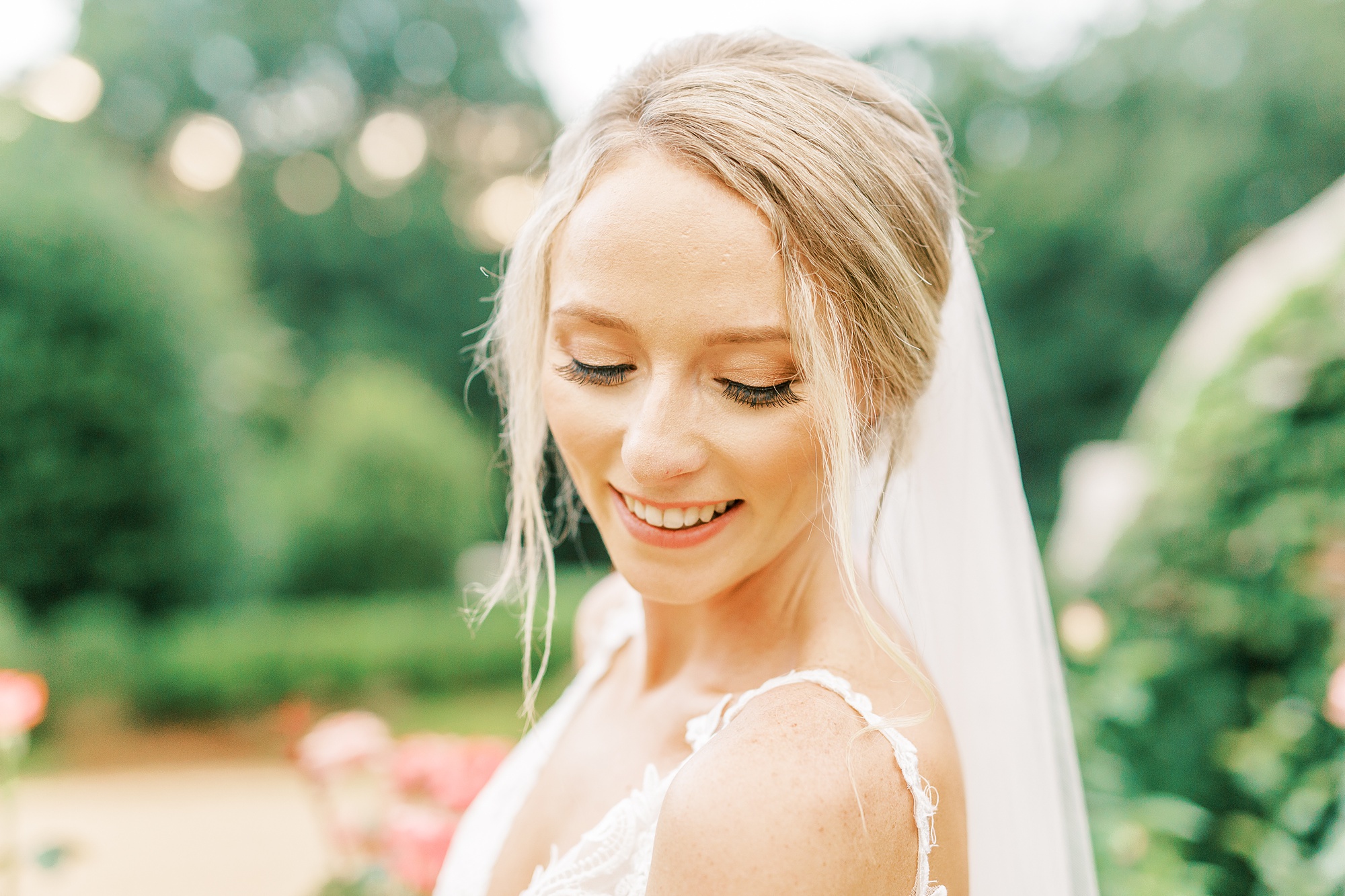 bride looks over shoulder during The Andrews Farm bridals