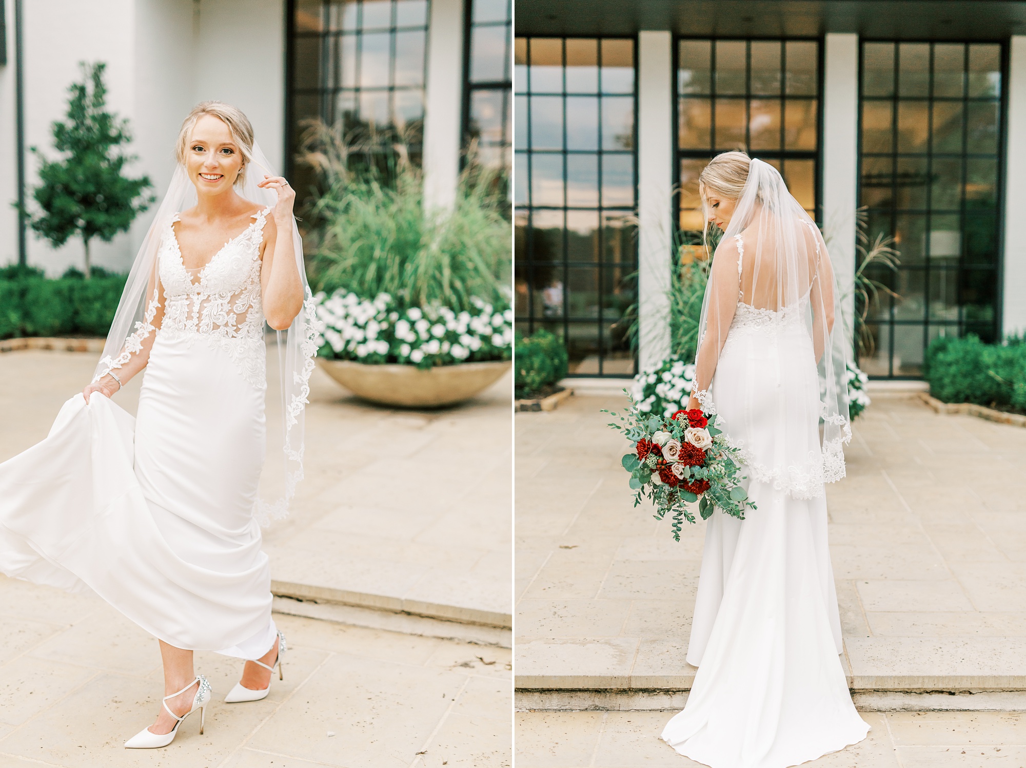 bride poses in front of elegant modern farmhouse