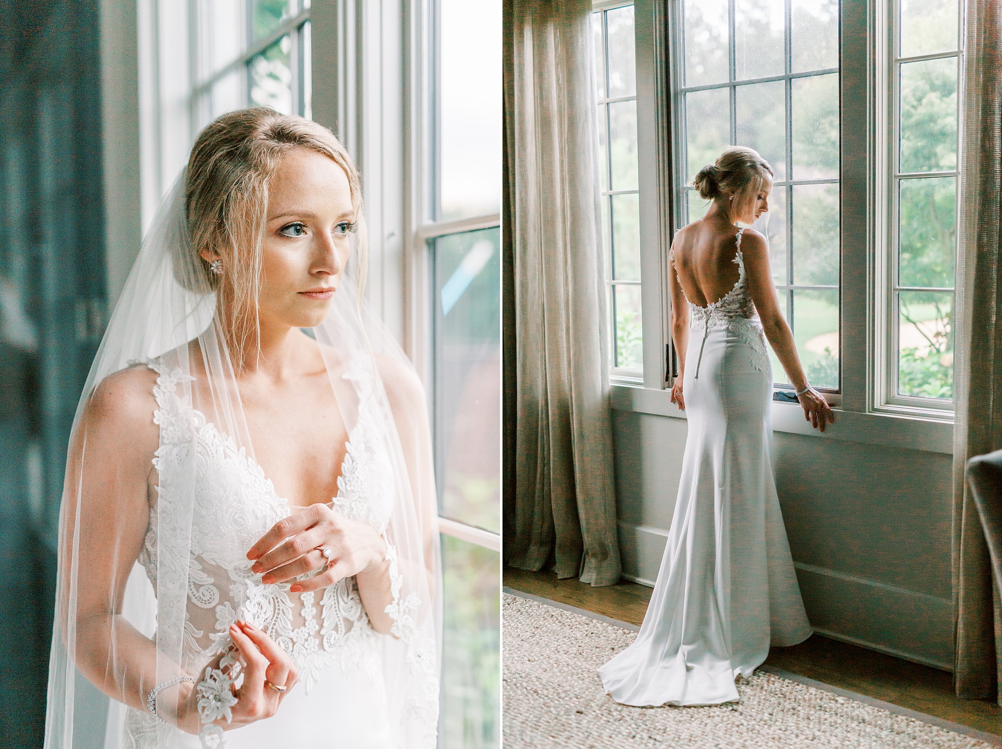 bride looks out window in Midland NC