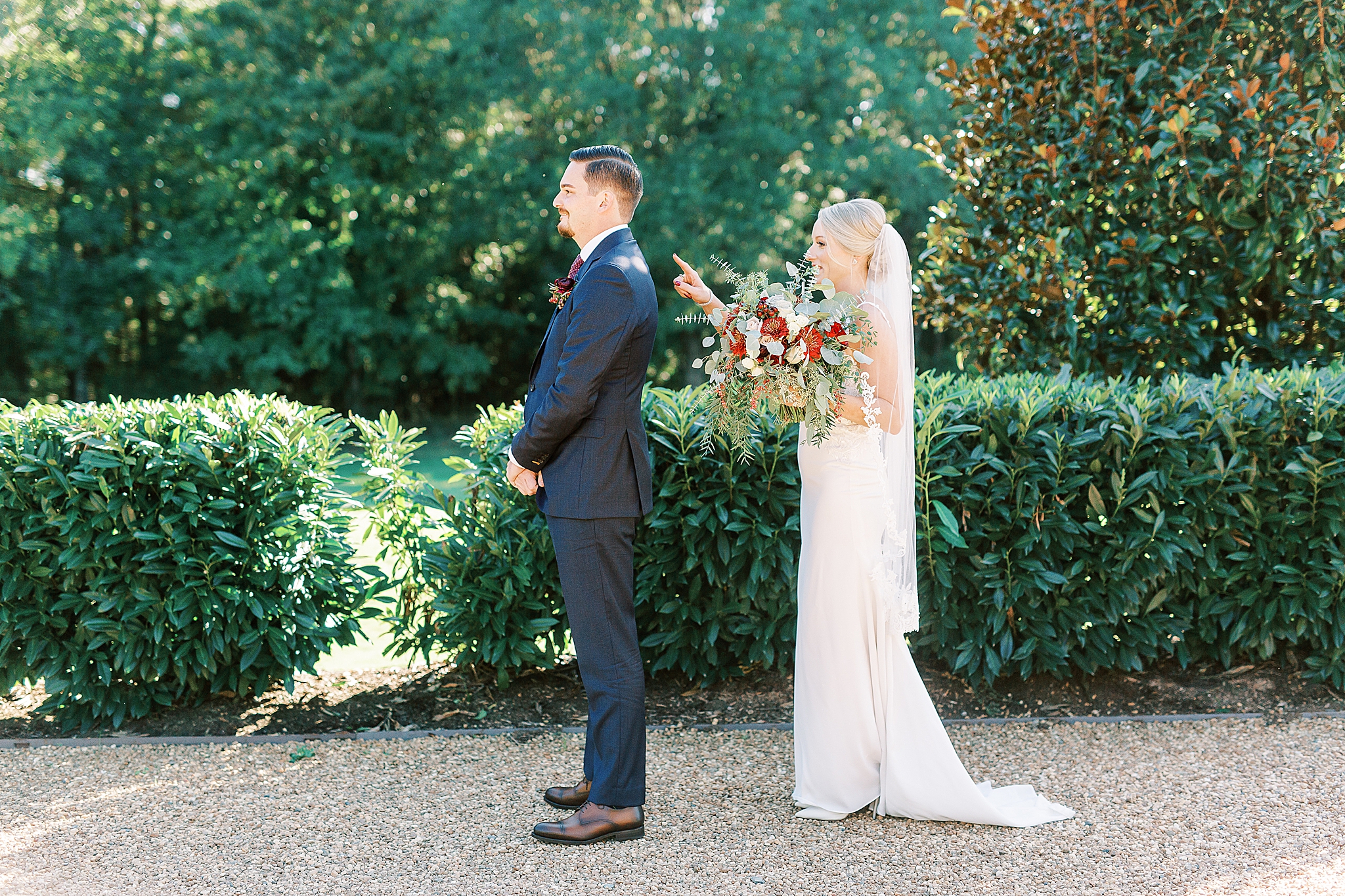 bride approaches groom before Andrews Farm elopement for first look