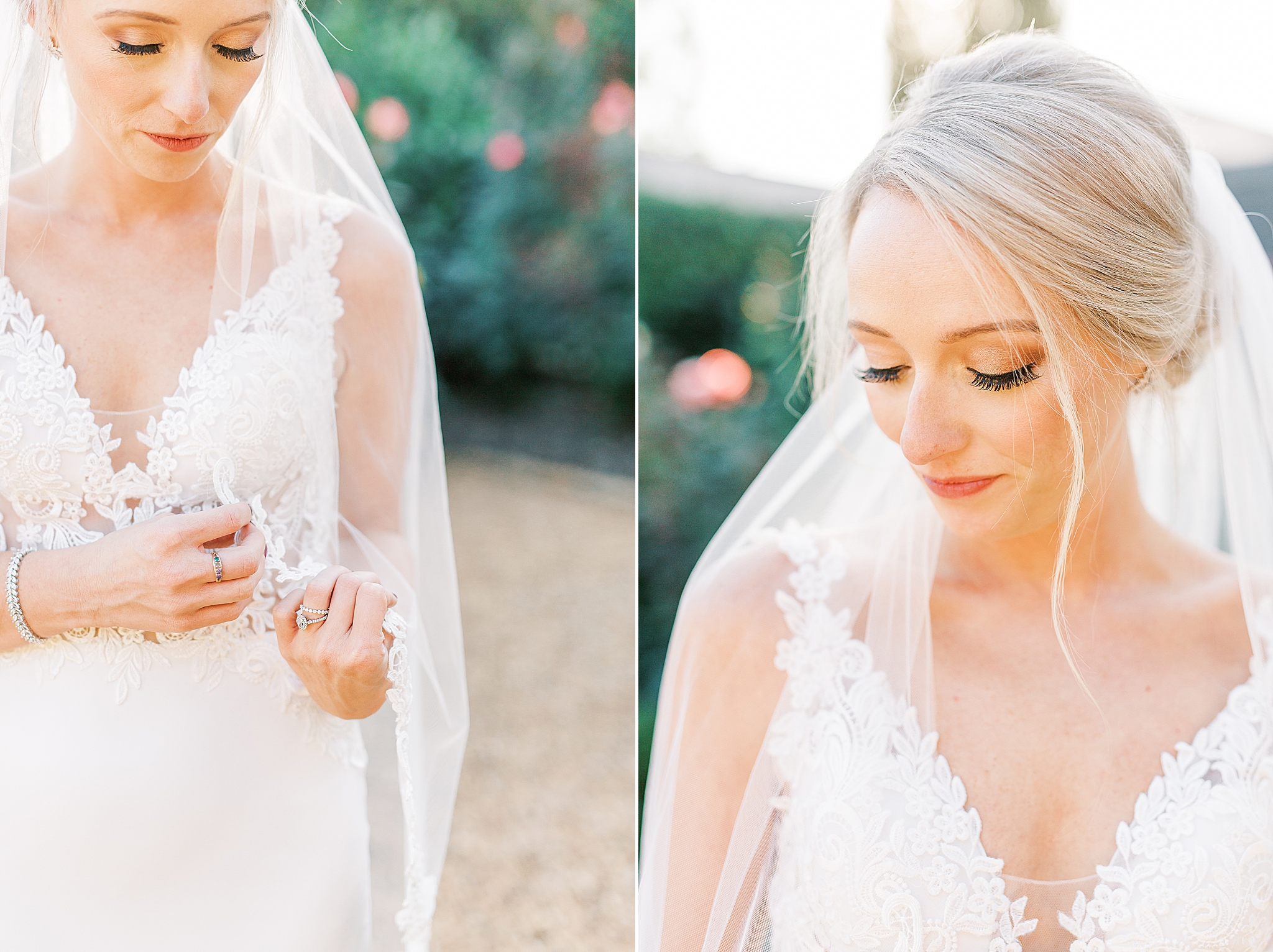 bride looks down at veil during NC bridal portraits